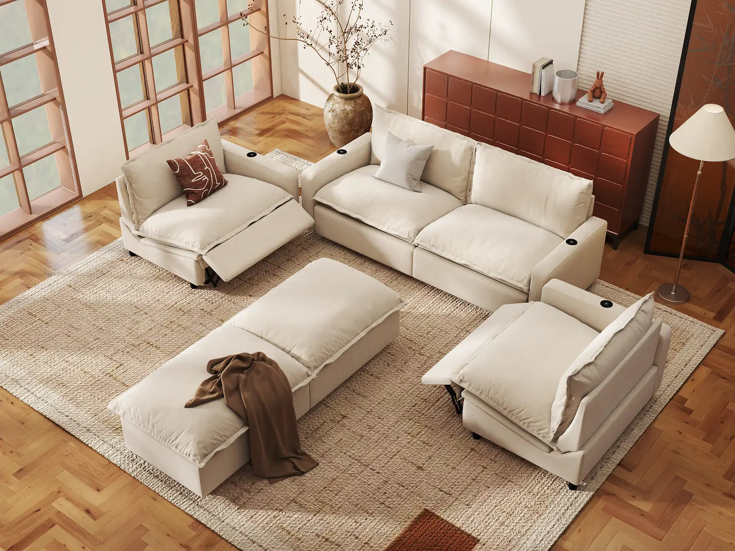 Modular Cero Reclining Sectionals | 6-Piece Beige Linen Grand Estate U-Shaped Sectionals 4-Seater with 2-Ottomans