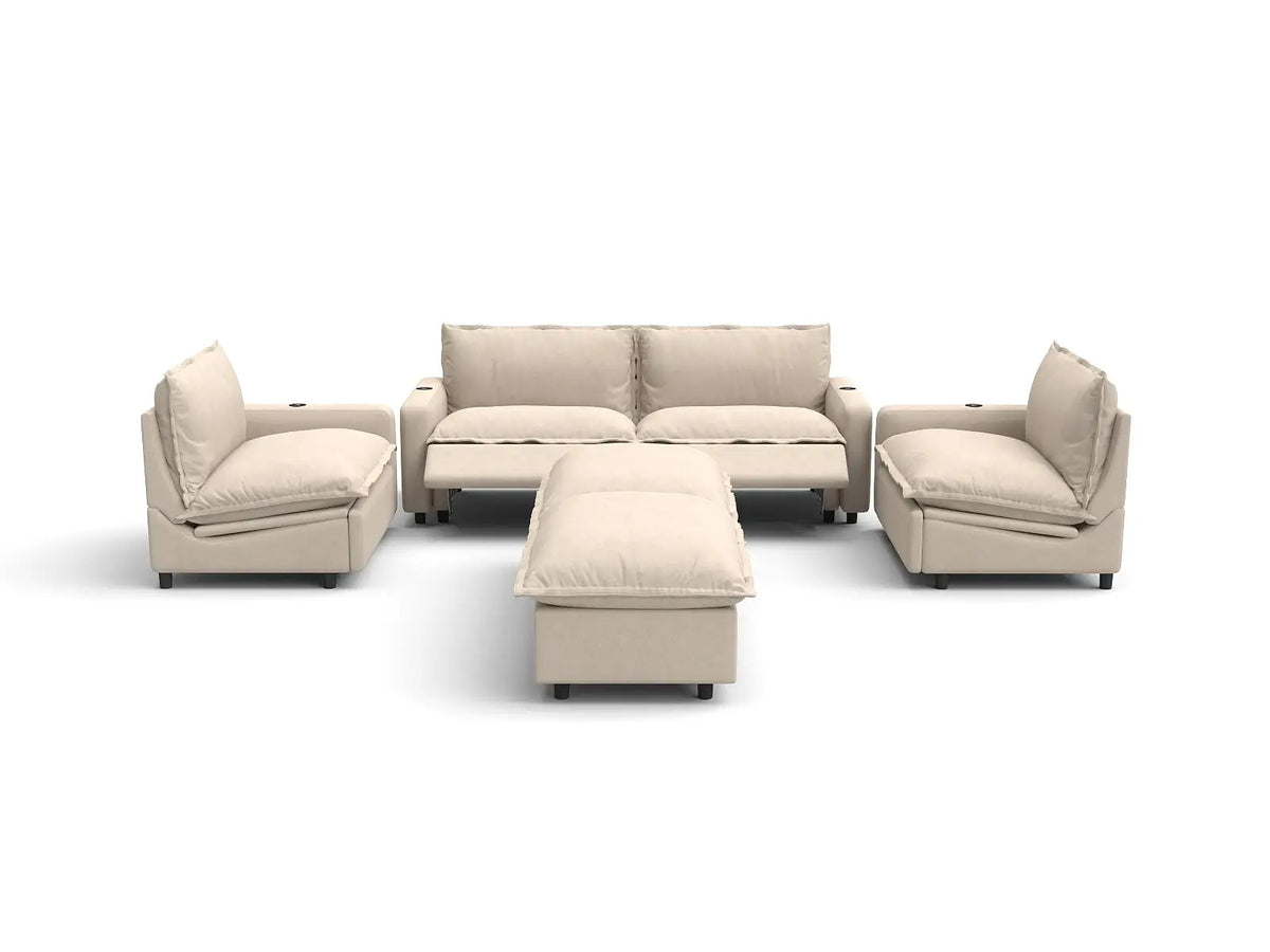Modular Cero Reclining Sectionals | 6-Piece Beige Linen Grand Estate U-Shaped Sectionals 4-Seater with 2-Ottomans