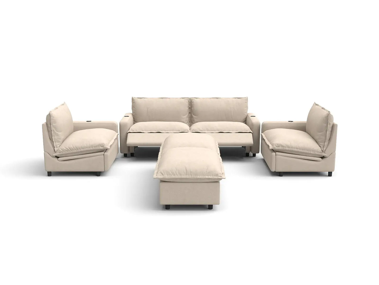Modular Cero Reclining Sectionals | 6-Piece Beige Linen Grand Estate U-Shaped Sectionals 4-Seater with 2-Ottomans