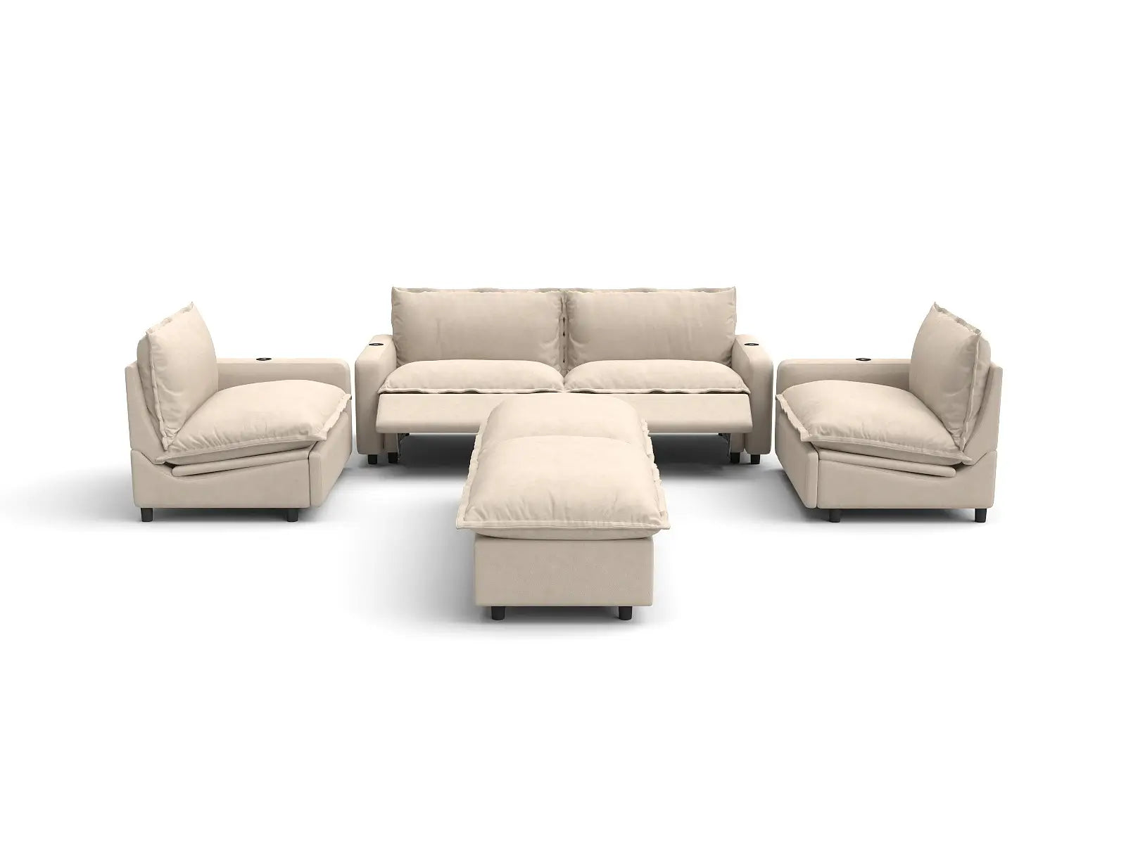 Modular Cero Sectional with Recliner and Chaise | 6-Piece Beige Linen Grand Estate U-Shaped Sectionals 4-Seater with 2-Ottomans