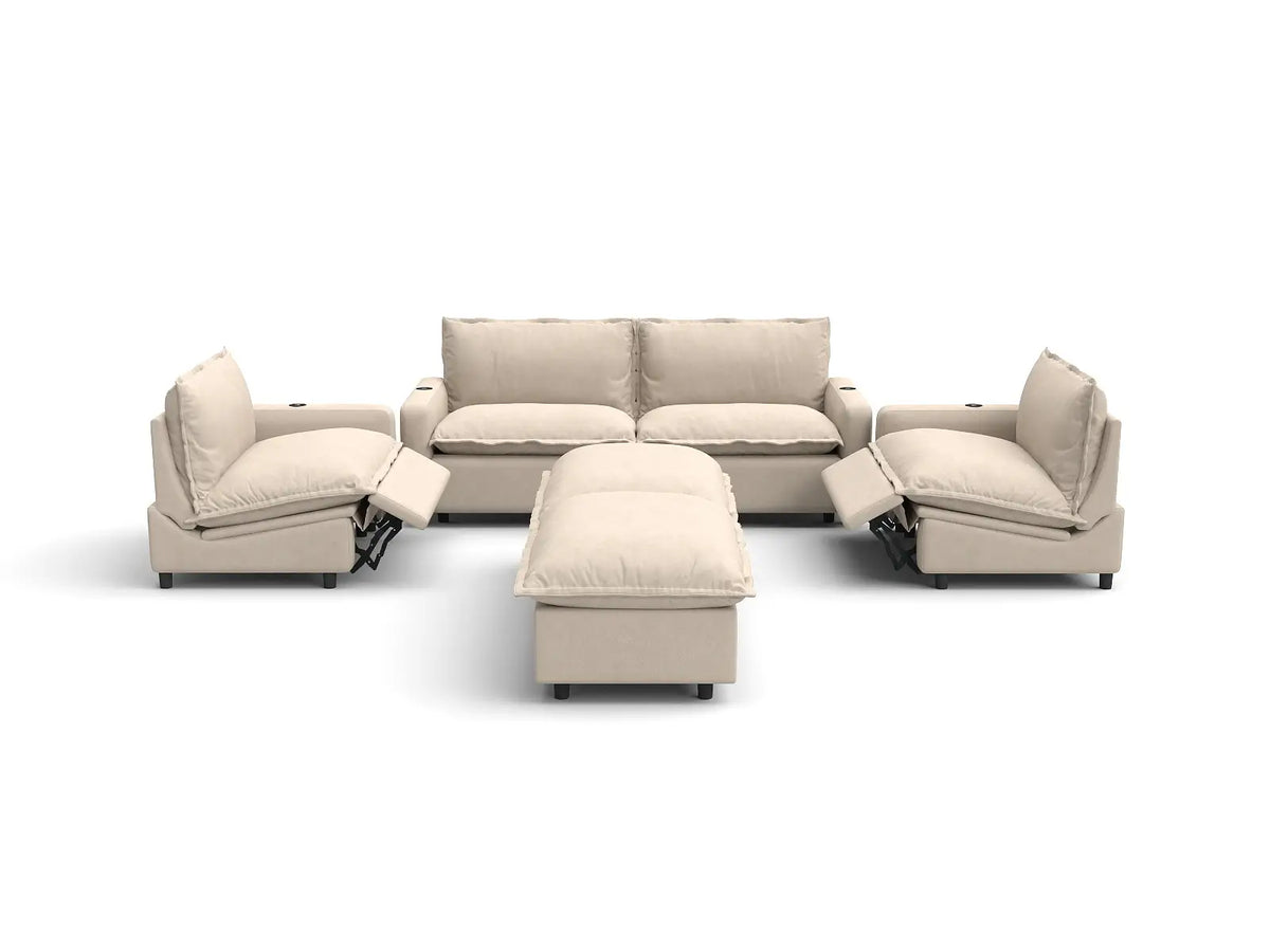 Modular Cero Reclining Sectionals | 6-Piece Beige Linen Grand Estate U-Shaped Sectionals 4-Seater with 2-Ottomans