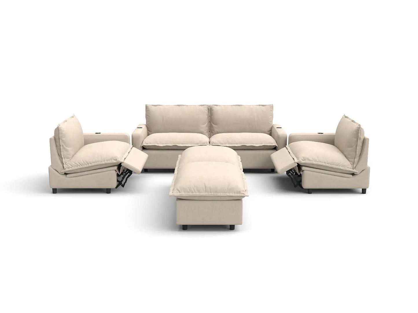 Modular Cero Reclining Sectionals | 6-Piece Beige Linen Grand Estate U-Shaped Sectionals 4-Seater with 2-Ottomans