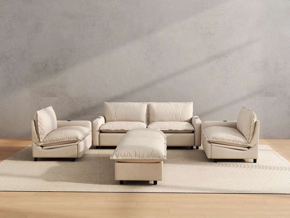 Modular Cero Reclining Sectionals | 6-Piece Beige Linen Grand Estate U-Shaped Sectionals 4-Seater with 2-Ottomans