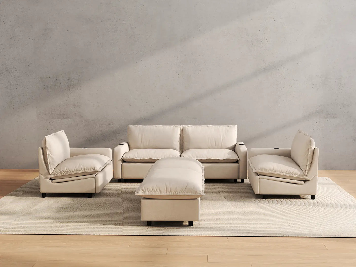 Modular Cero Reclining Sectionals | 6-Piece Beige Linen Grand Estate U-Shaped Sectionals 4-Seater with 2-Ottomans