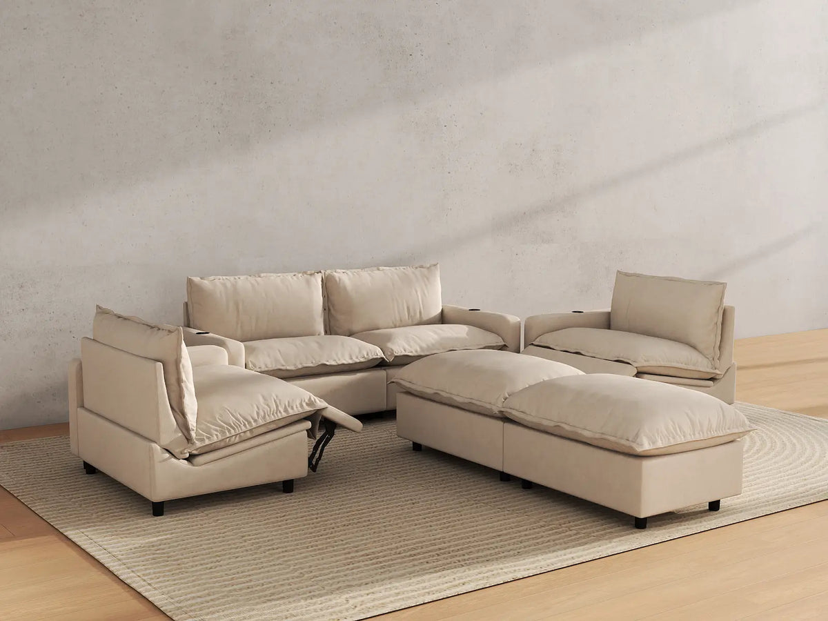 Modular Cero Reclining Sectionals | 6-Piece Beige Linen Grand Estate U-Shaped Sectionals 4-Seater with 2-Ottomans