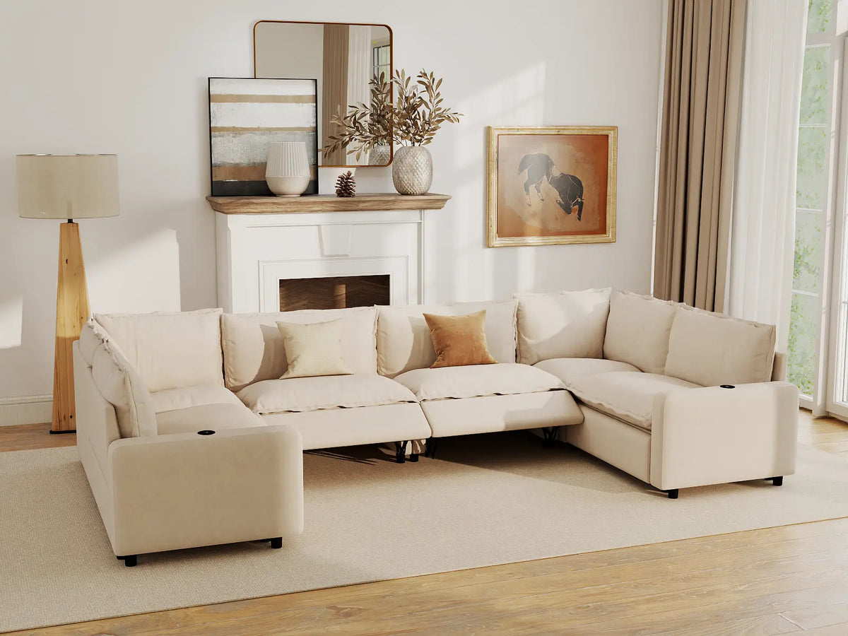 Modular Cero Reclining Sectionals | 6-Piece Beige Linen Grand Estate U-Shaped Sectionals 6-Seater