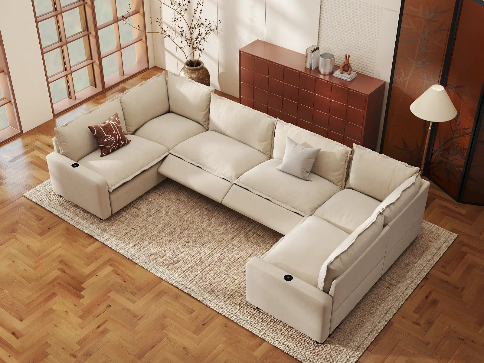 Modular Cero Reclining Sectional Couch for Sale | 6-Piece Beige Linen Grand Estate U-Shaped Sectionals 6-Seater