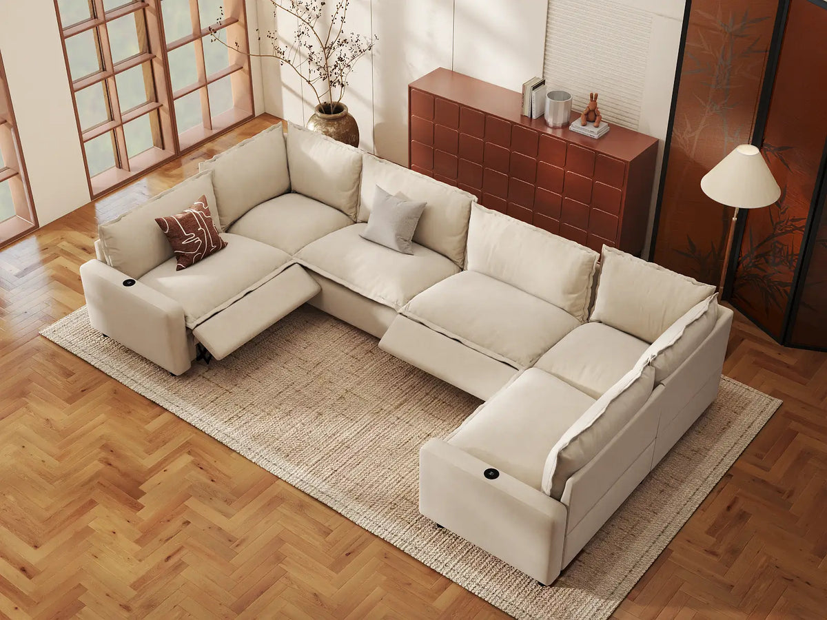 Modular Cero Reclining Sectionals | 6-Piece Beige Linen Grand Estate U-Shaped Sectionals 6-Seater