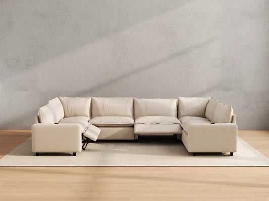 Modular Cero Reclining Sectionals | 6-Piece Beige Linen Grand Estate U-Shaped Sectionals 6-Seater