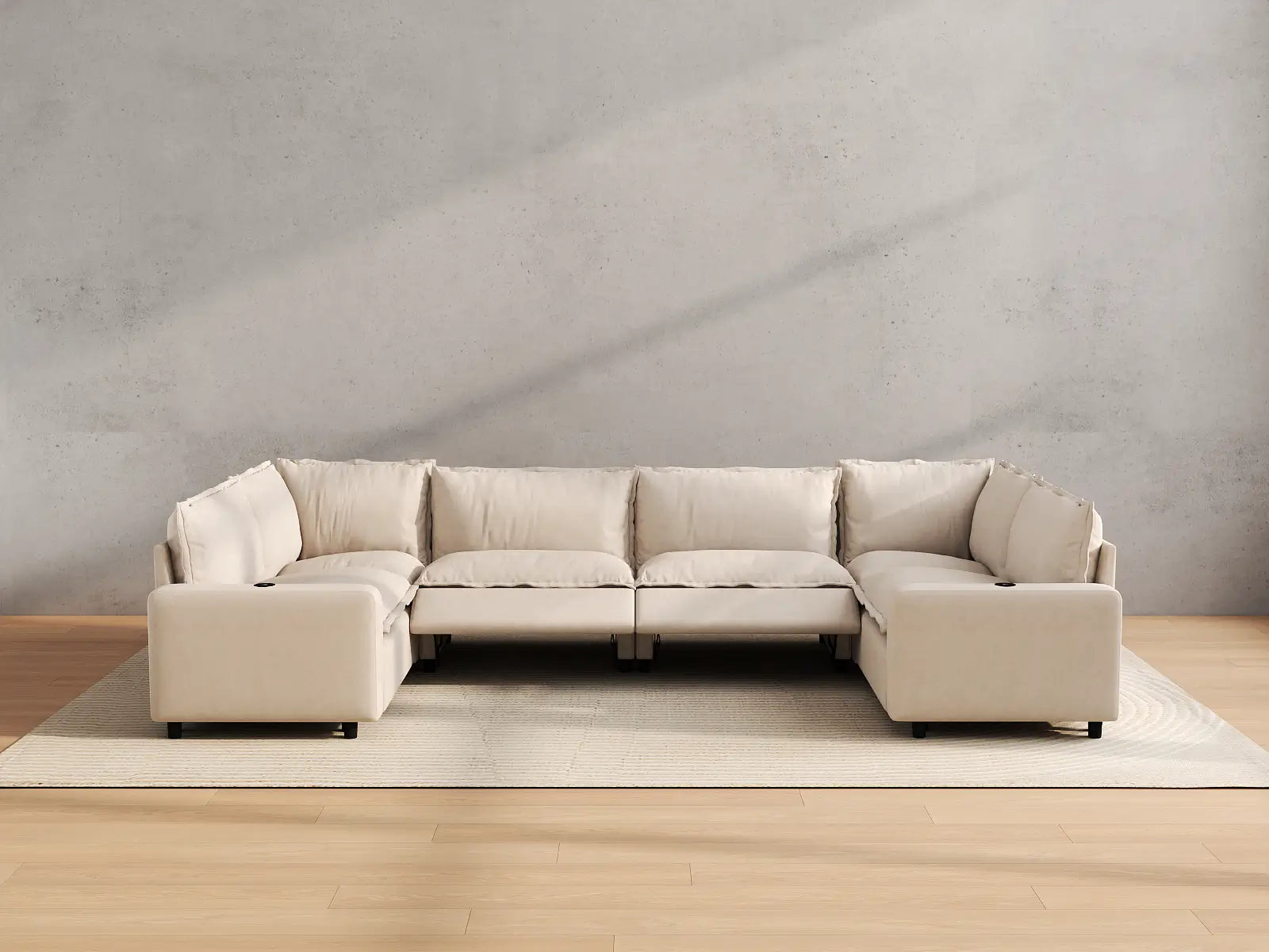 Modular Cero Reclining Sectional Couch for Sale | 6-Piece Beige Linen Grand Estate U-Shaped Sectionals 6-Seater