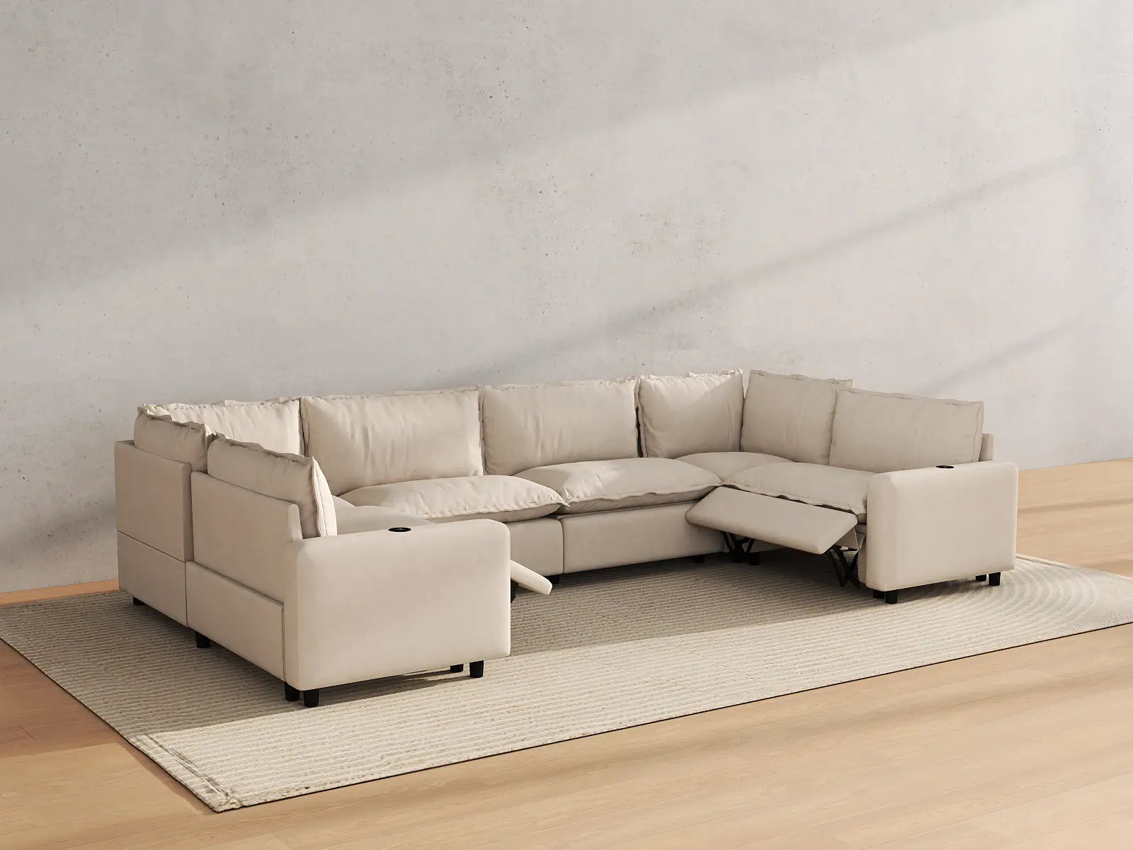 Modular Cero Recliner Couch Sectional | 6-Piece Beige Linen Grand Estate U-Shaped Sectionals 6-Seater