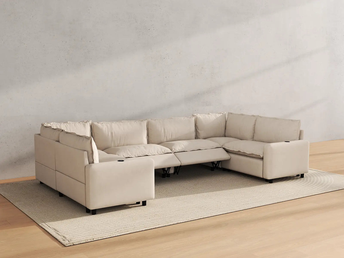 Modular Cero Reclining Sectionals | 6-Piece Beige Linen Grand Estate U-Shaped Sectionals 6-Seater