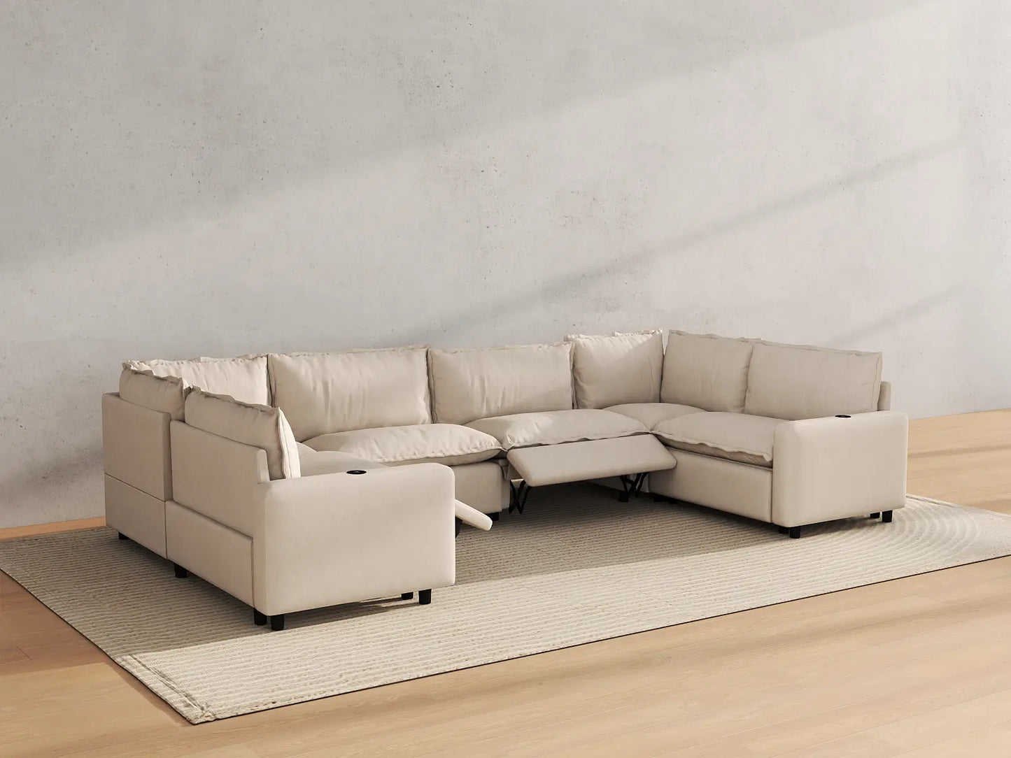 Modular Cero Reclining Sectionals | 6-Piece Beige Linen Grand Estate U-Shaped Sectionals 6-Seater