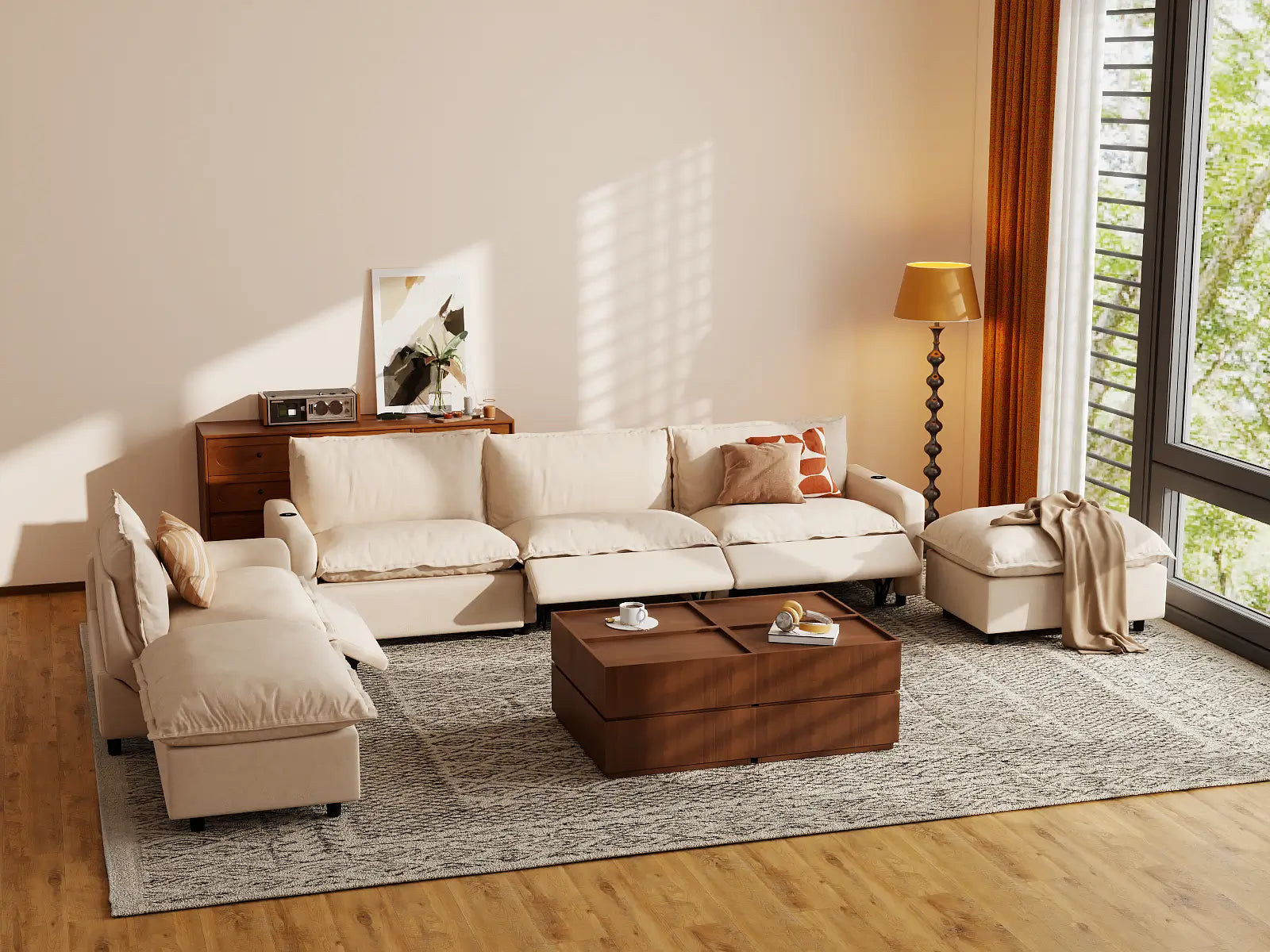 Modular Cero Reclining Sectional Sofa with Chaise | 6-Piece Beige Linen Large Space Corner Sectionals 4-Seater with 2-Ottomans