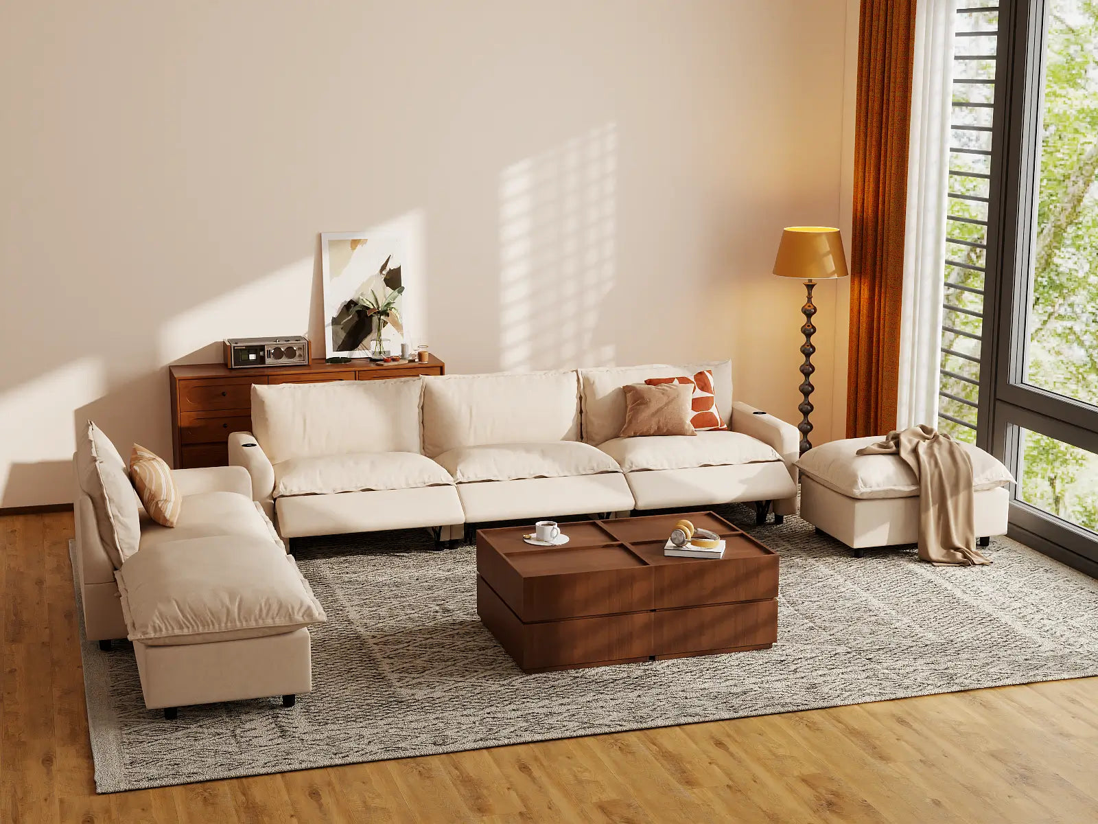 Modular Cero Corner Reclining Sectional | 6-Piece Beige Linen Large Space Corner Sectionals 4-Seater with 2-Ottomans
