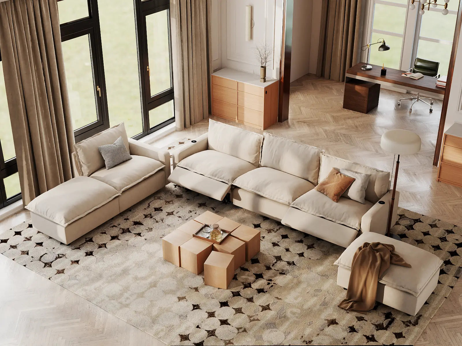 Modular Cero Reclining Corner Sofa Set | 6-Piece Beige Linen Large Space Corner Sectionals 4-Seater with 2-Ottomans