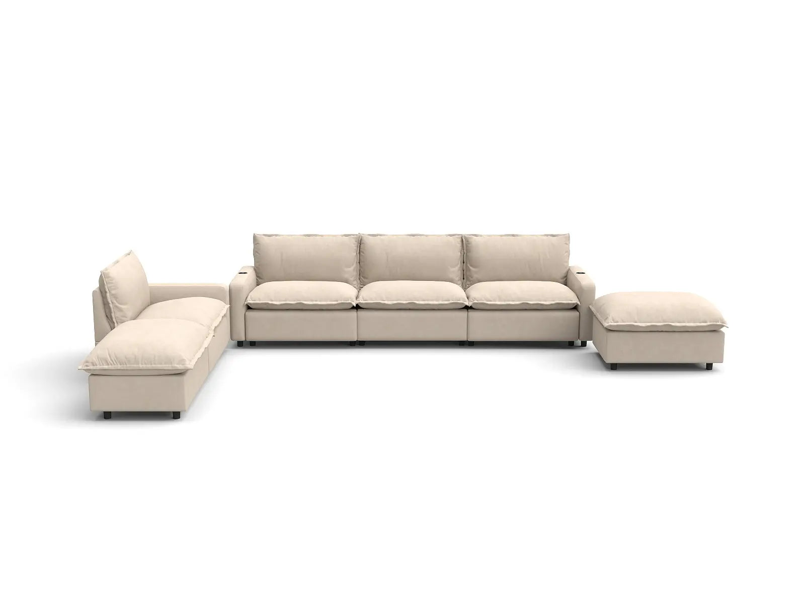 Modular Cero Corner Reclining Sectional | 6-Piece Beige Linen Large Space Corner Sectionals 4-Seater with 2-Ottomans