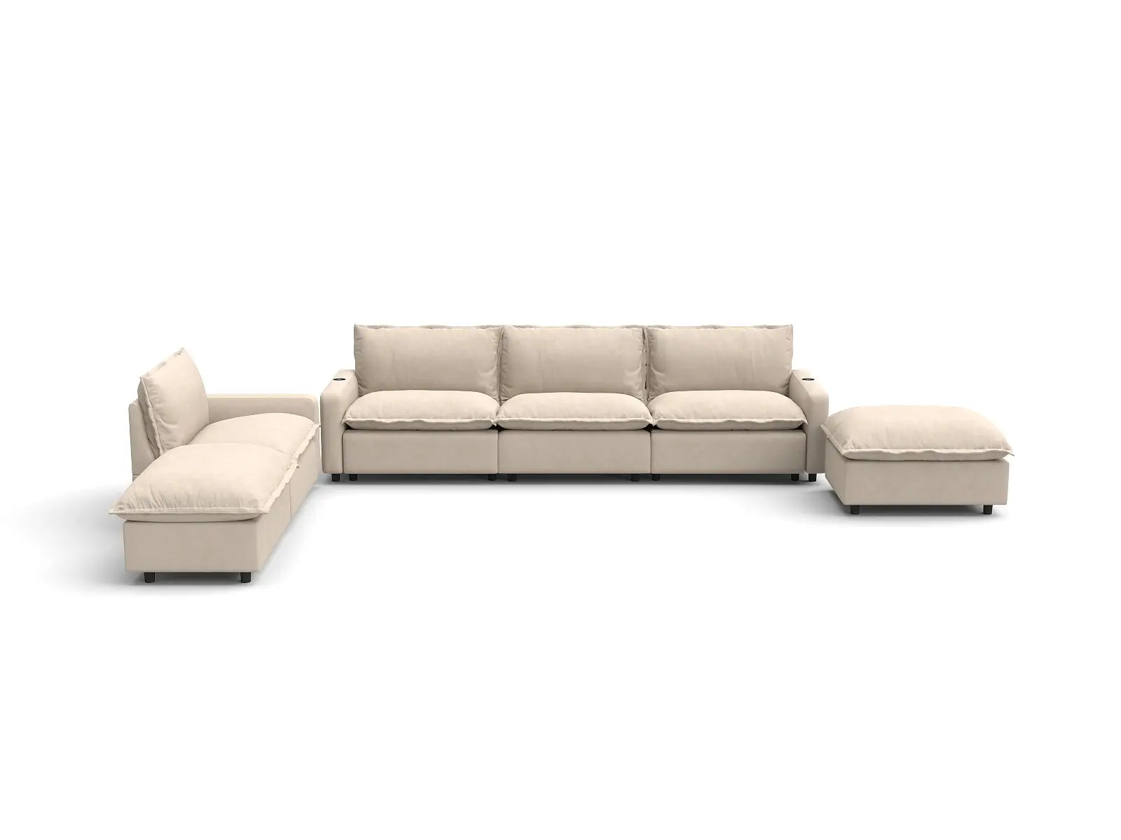 Modular Cero Reclining Corner Sofa Set | 6-Piece Beige Linen Large Space Corner Sectionals 4-Seater with 2-Ottomans