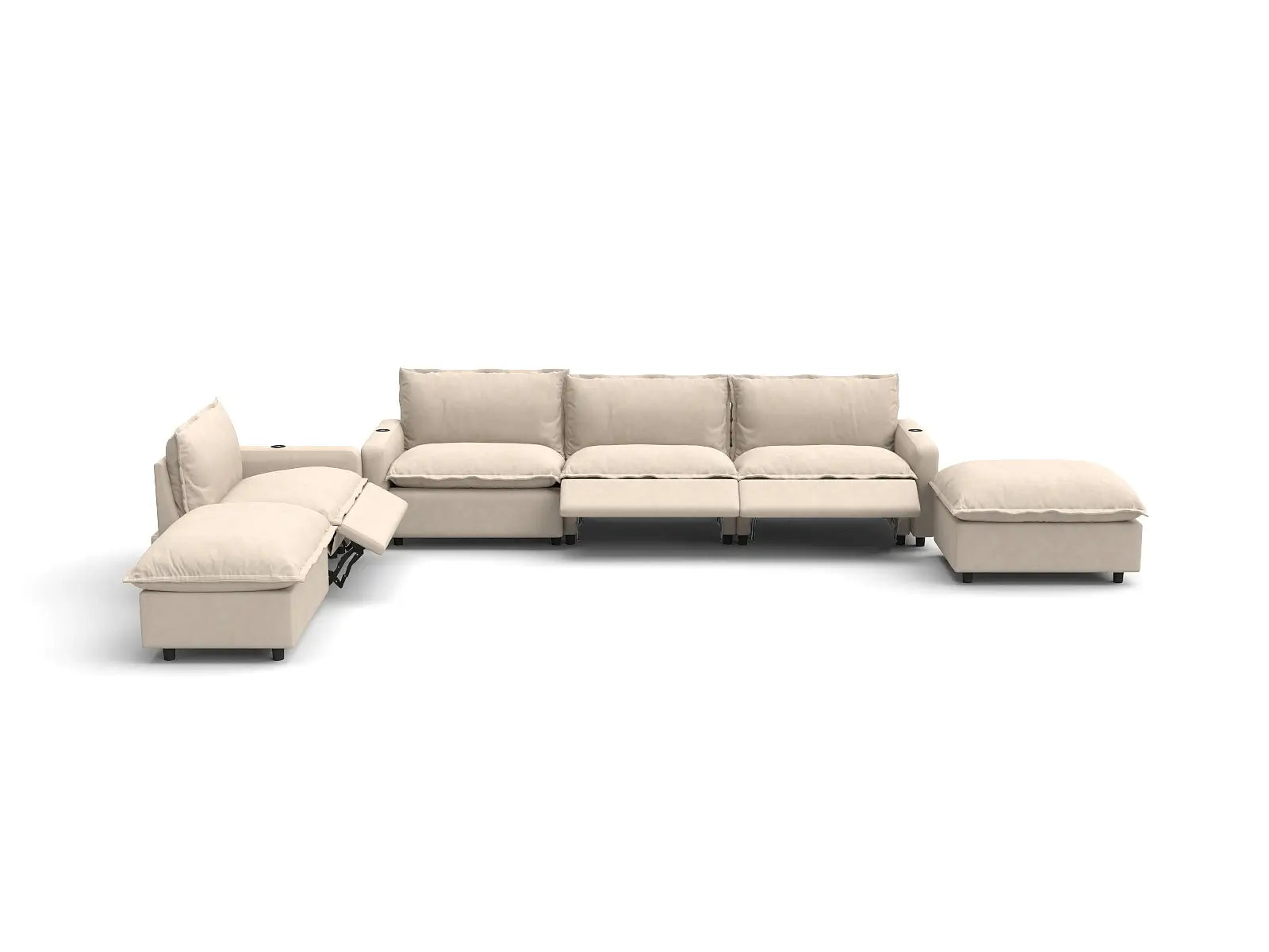 Modular Cero Reclining Sectional Sofa with Chaise | 6-Piece Beige Linen Large Space Corner Sectionals 4-Seater with 2-Ottomans