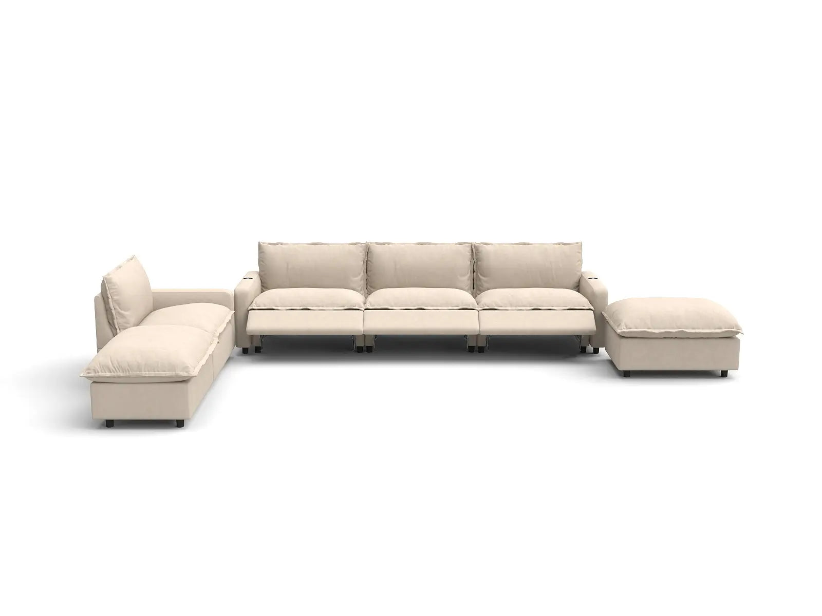 Modular Cero Corner Reclining Sectional | 6-Piece Beige Linen Large Space Corner Sectionals 4-Seater with 2-Ottomans