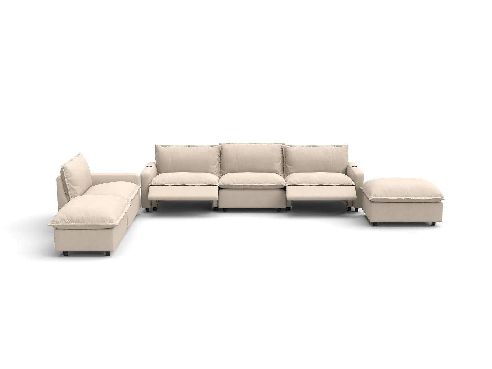 Modular Cero Reclining Corner Sofa Set | 6-Piece Beige Linen Large Space Corner Sectionals 4-Seater with 2-Ottomans