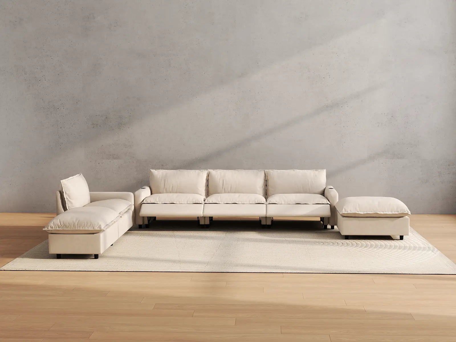 Modular Cero Corner Reclining Sectional | 6-Piece Beige Linen Large Space Corner Sectionals 4-Seater with 2-Ottomans