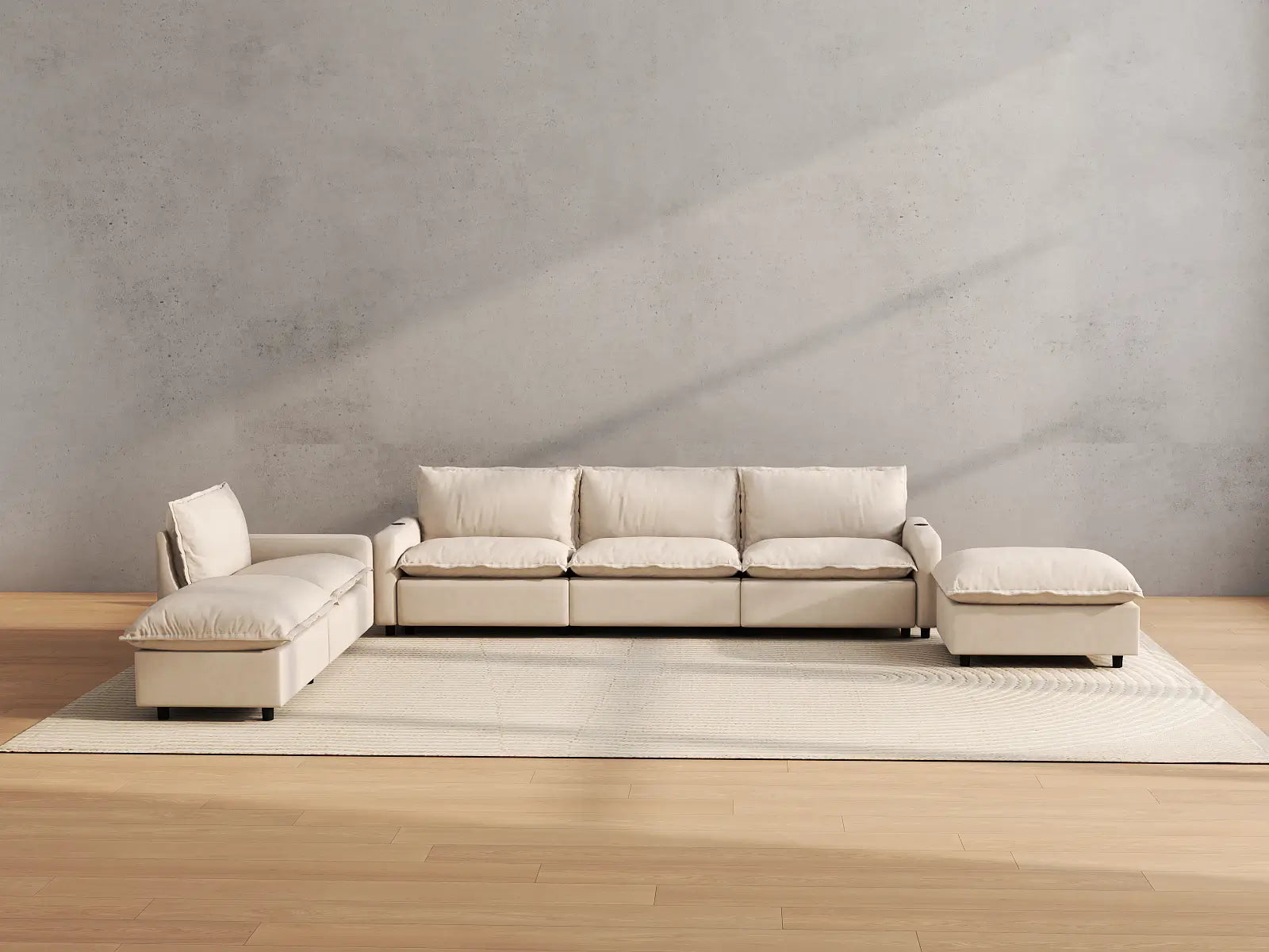 Modular Cero Corner Reclining Sectional | 6-Piece Beige Linen Large Space Corner Sectionals 4-Seater with 2-Ottomans