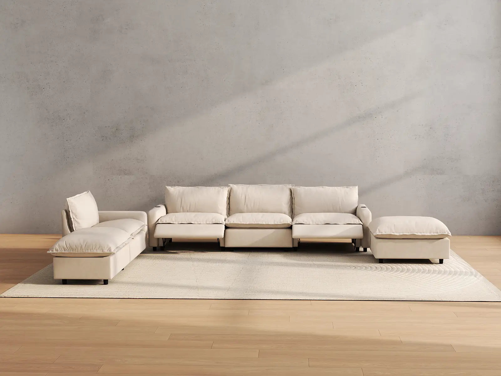 Modular Cero Reclining Corner Sofa Set | 6-Piece Beige Linen Large Space Corner Sectionals 4-Seater with 2-Ottomans