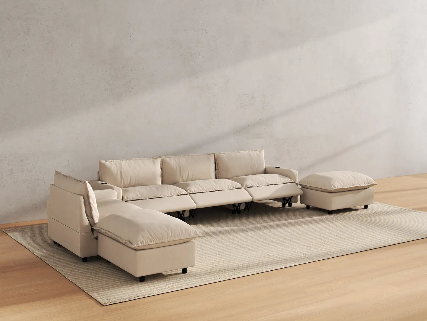 Modular Cero Reclining Sectionals | 6-Piece Beige Linen Large Space Corner Sectionals 4-Seater with 2-Ottomans