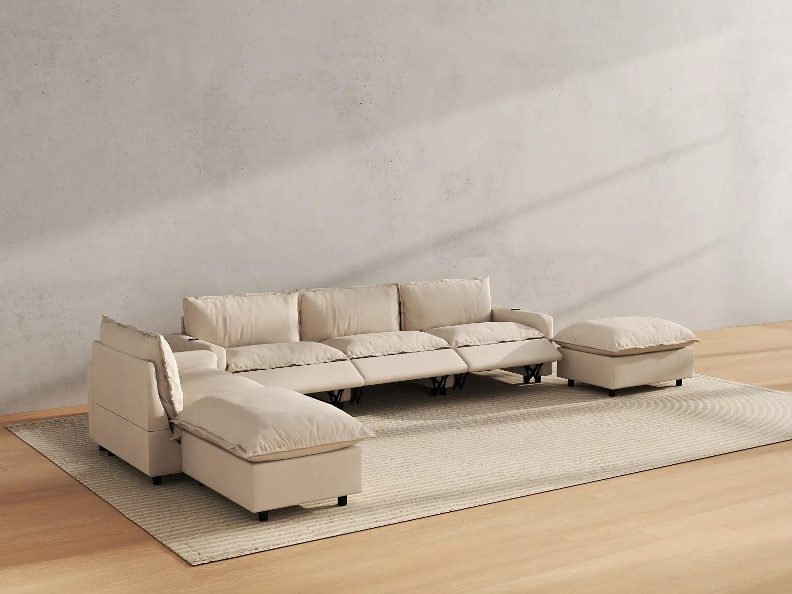 Modular Cero Corner Reclining Sectional | 6-Piece Beige Linen Large Space Corner Sectionals 4-Seater with 2-Ottomans