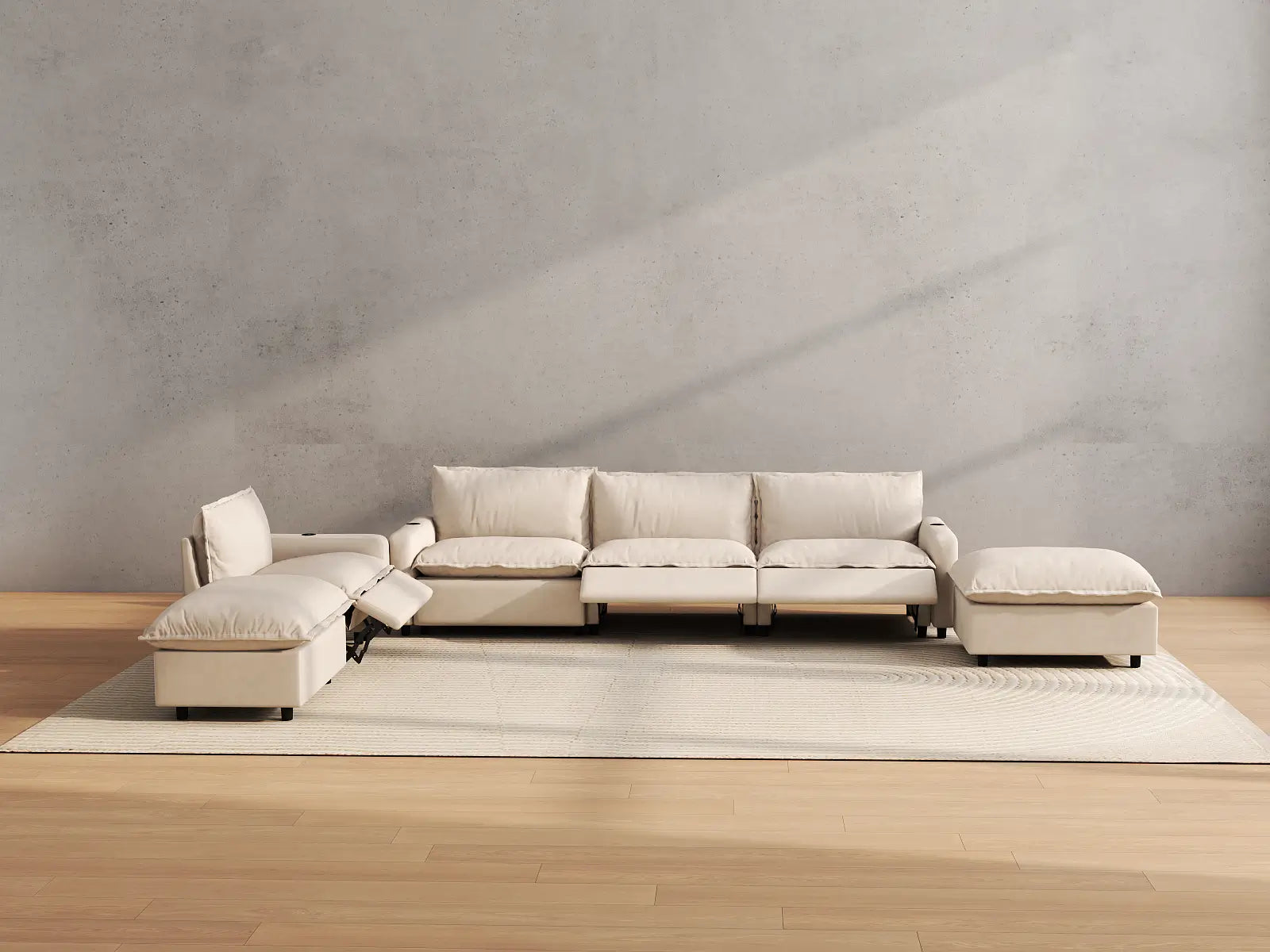 Modular Cero Reclining Sectional Sofa with Chaise | 6-Piece Beige Linen Large Space Corner Sectionals 4-Seater with 2-Ottomans