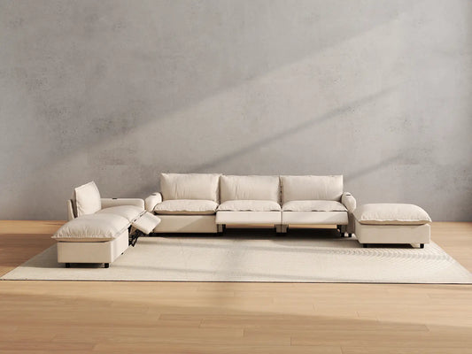 Modular Cero Reclining Sectionals | 6-Piece Beige Linen Large Space Corner Sectionals 4-Seater with 2-Ottomans