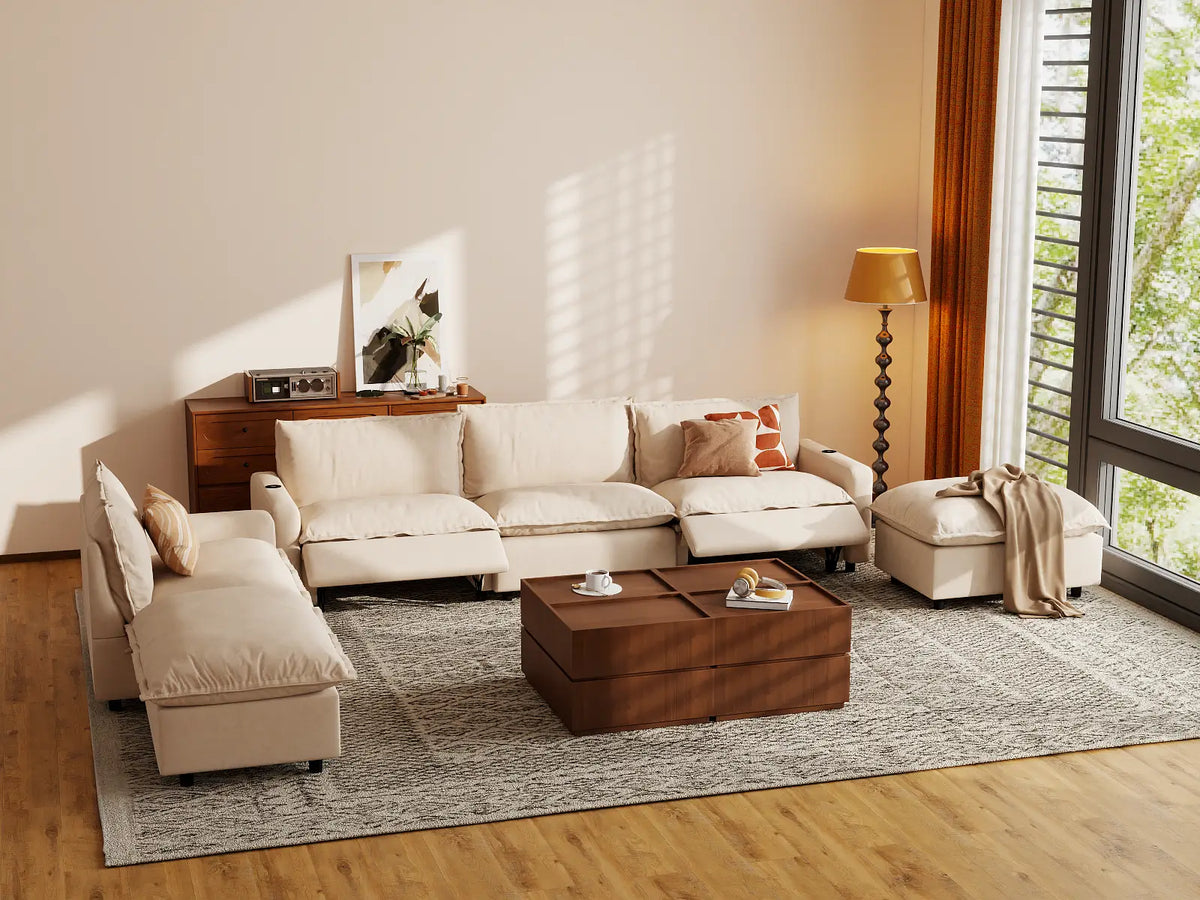 Modular Cero Reclining Sectionals | 6-Piece Beige Linen Large Space Corner Sectionals 4-Seater with 2-Ottomans