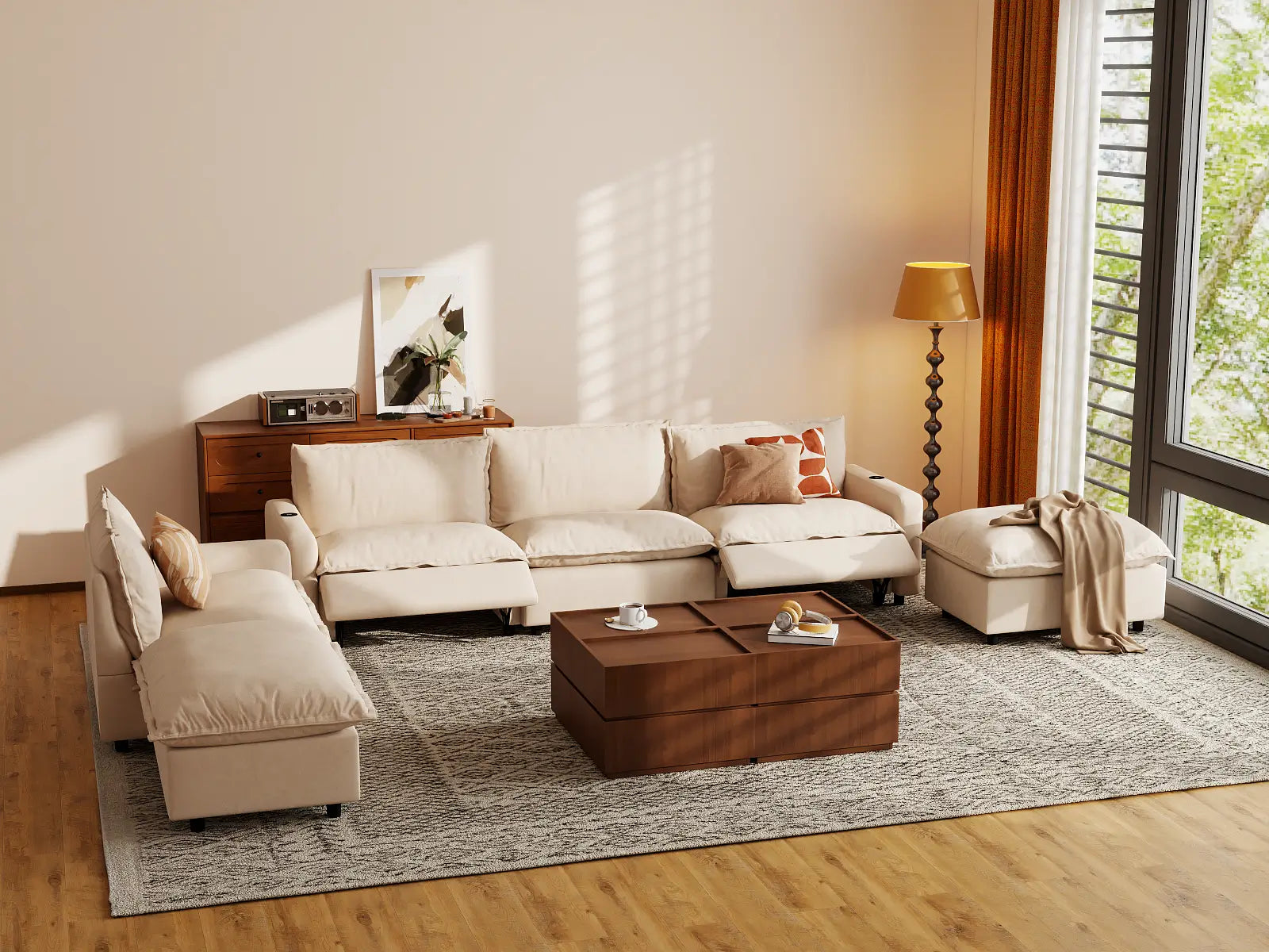 Modular Cero Reclining Corner Sofa Set | 6-Piece Beige Linen Large Space Corner Sectionals 4-Seater with 2-Ottomans