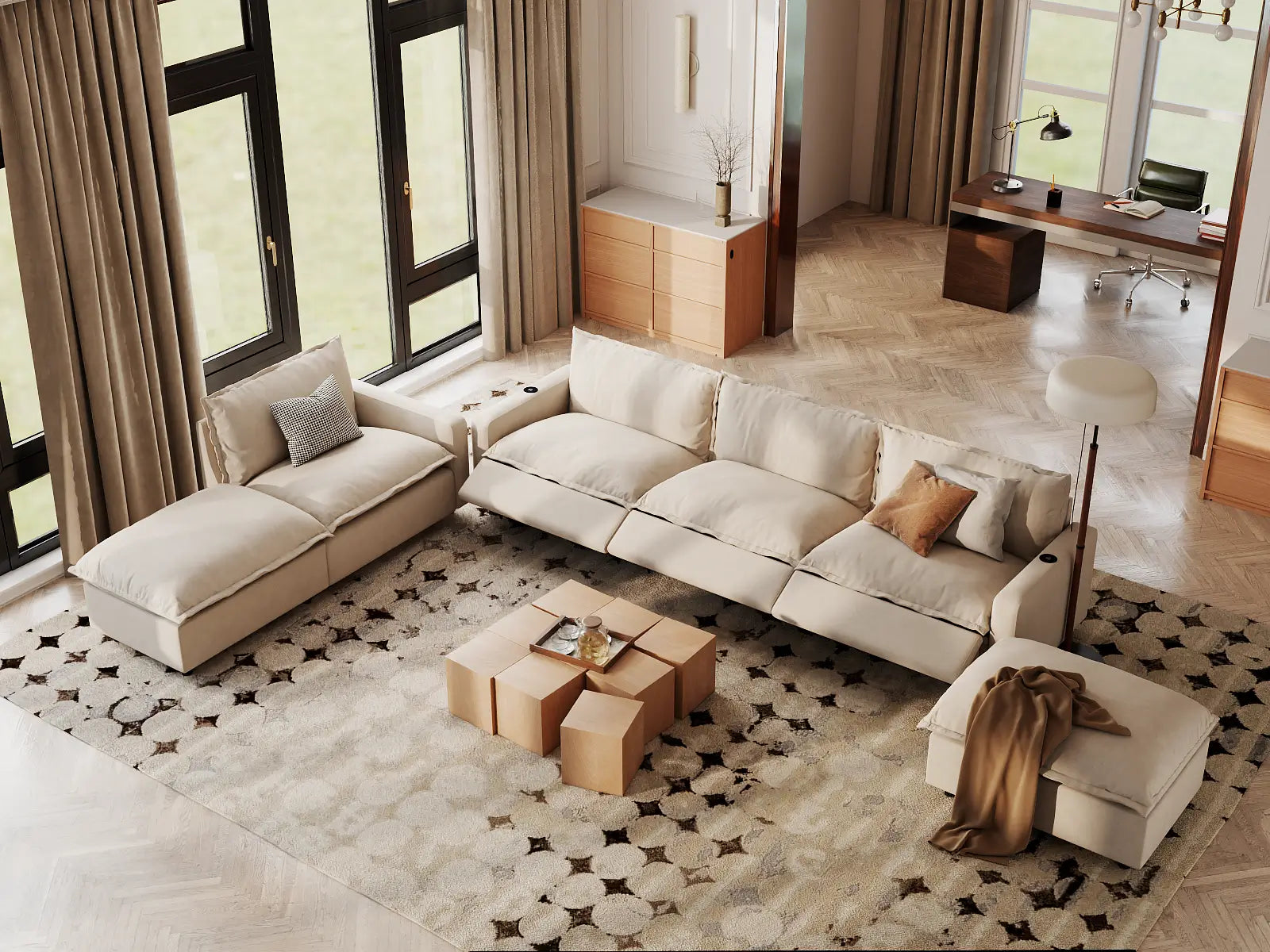 Modular Cero Corner Reclining Sectional | 6-Piece Beige Linen Large Space Corner Sectionals 4-Seater with 2-Ottomans