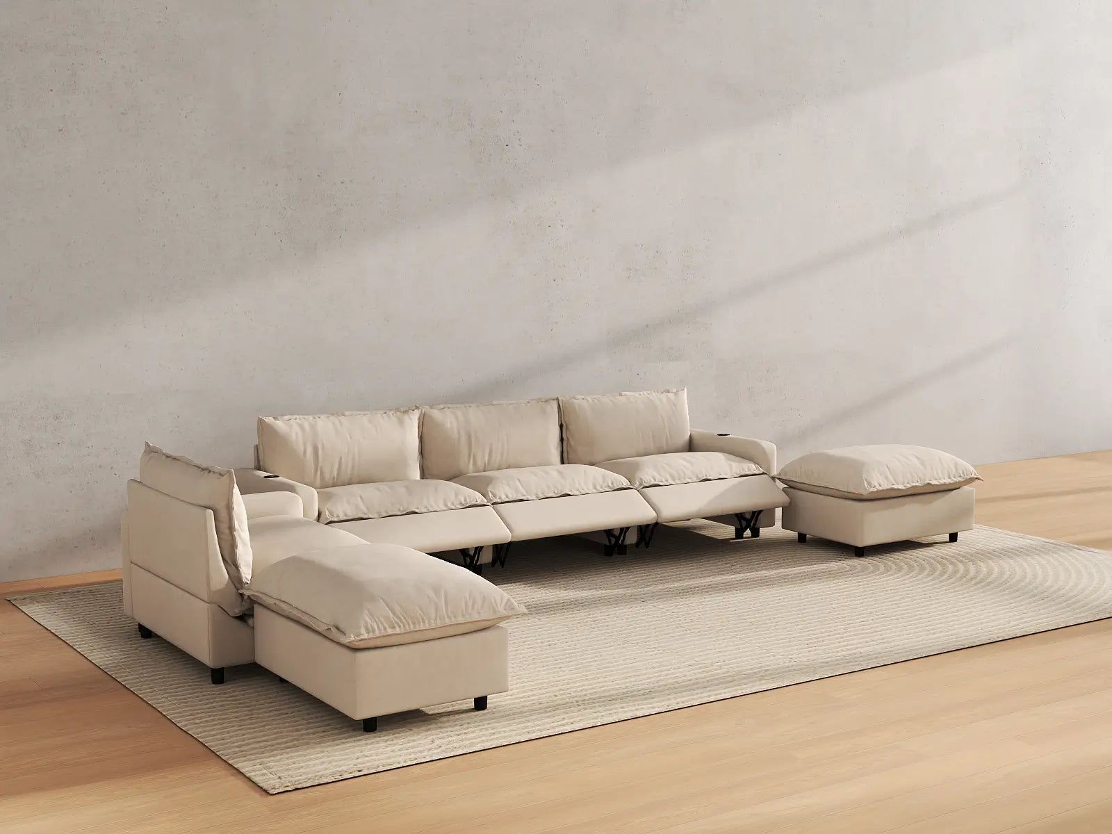 Modular Cero Reclining Sectional Sofa with Chaise | 6-Piece Beige Linen Large Space Corner Sectionals 4-Seater with 2-Ottomans