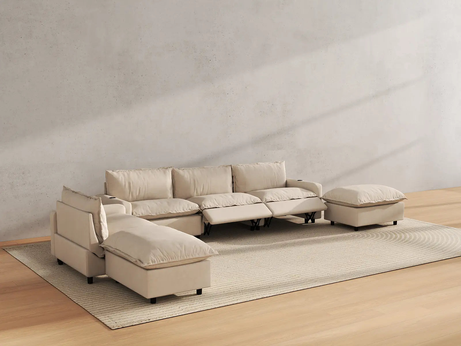 Modular Cero Reclining Sectional Sofa with Chaise | 6-Piece Beige Linen Large Space Corner Sectionals 4-Seater with 2-Ottomans