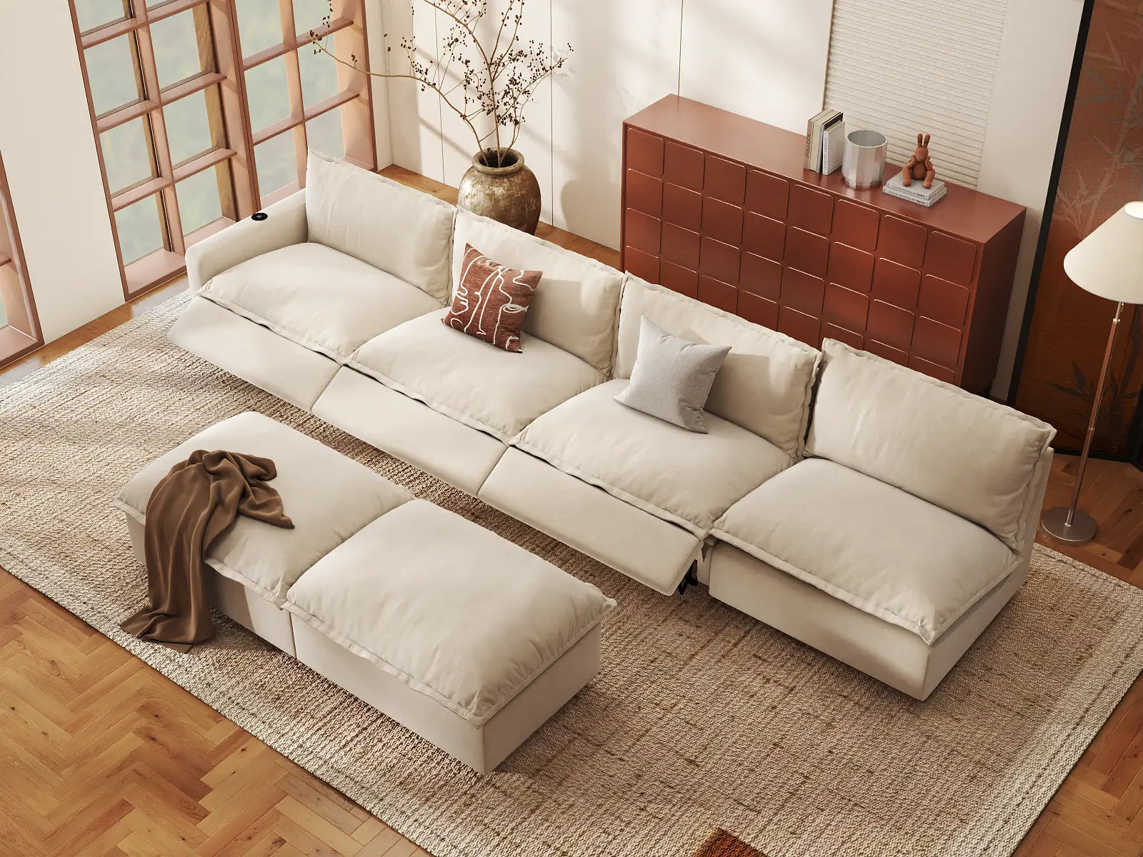 Modular Cero Sofa Recliner Set | 6-Piece Beige Linen Large Space Sofa Sets 4-Seater with 2-Ottomans