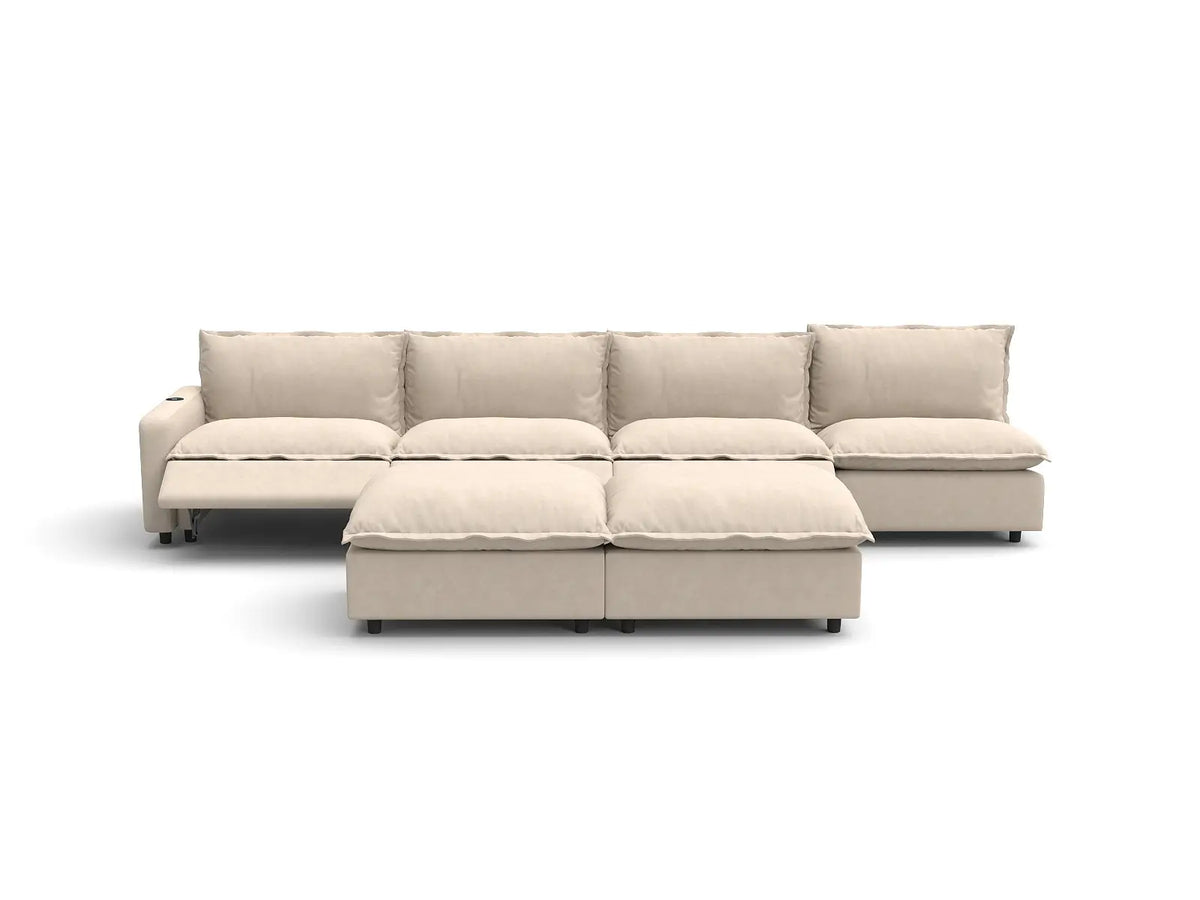 Modular Cero Reclining Sectionals | 6-Piece Beige Linen Large Space Sofa Sets 4-Seater with 2-Ottomans