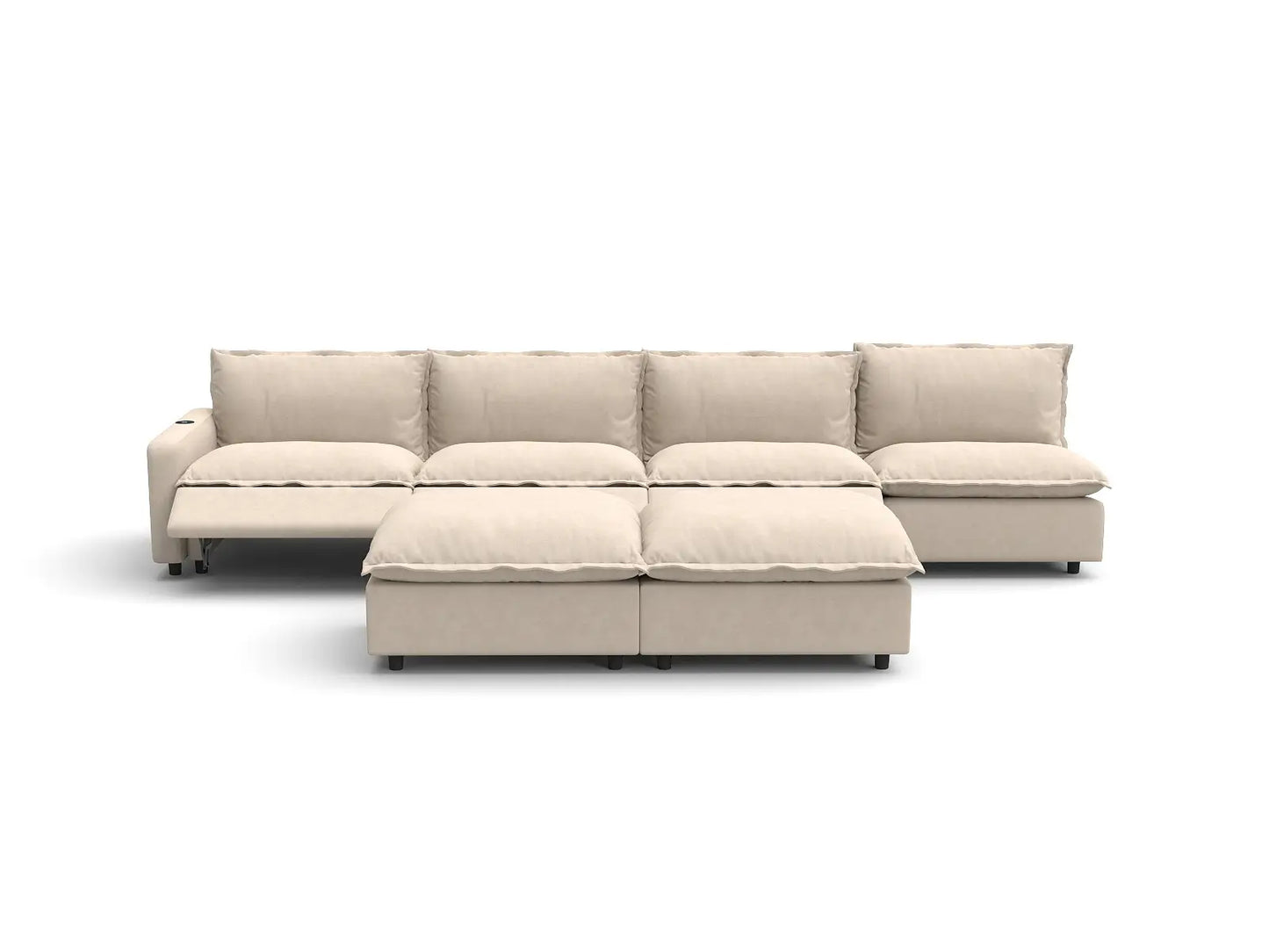 Modular Cero Reclining Sectionals | 6-Piece Beige Linen Large Space Sofa Sets 4-Seater with 2-Ottomans