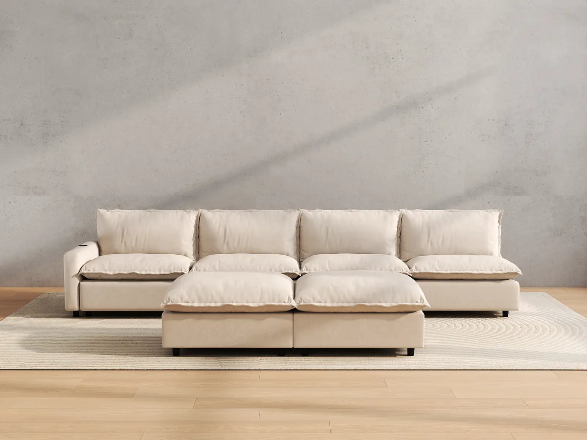 Modular Cero Reclining Sectionals | 6-Piece Beige Linen Large Space Sofa Sets 4-Seater with 2-Ottomans