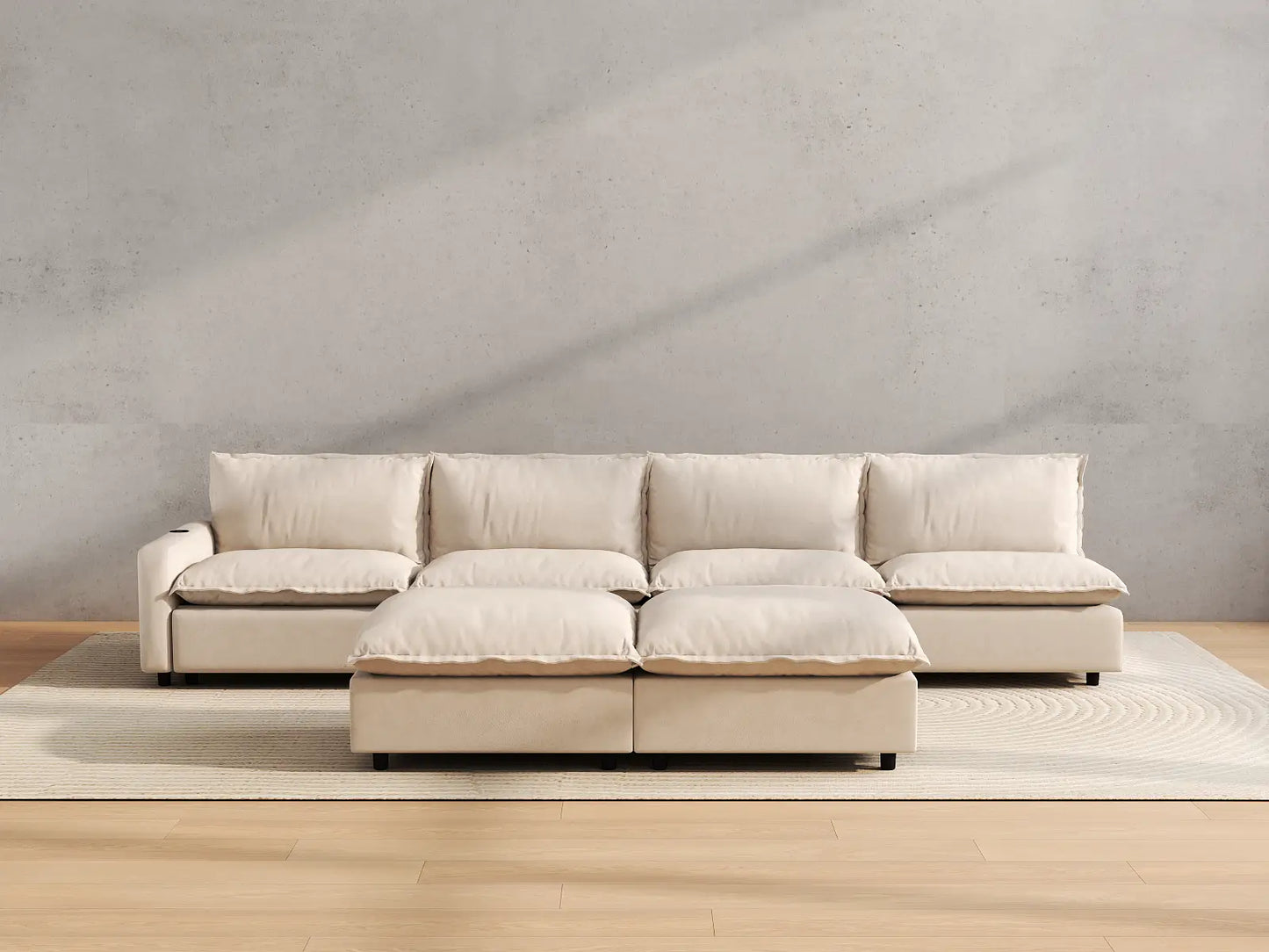 Modular Cero Reclining Sectionals | 6-Piece Beige Linen Large Space Sofa Sets 4-Seater with 2-Ottomans
