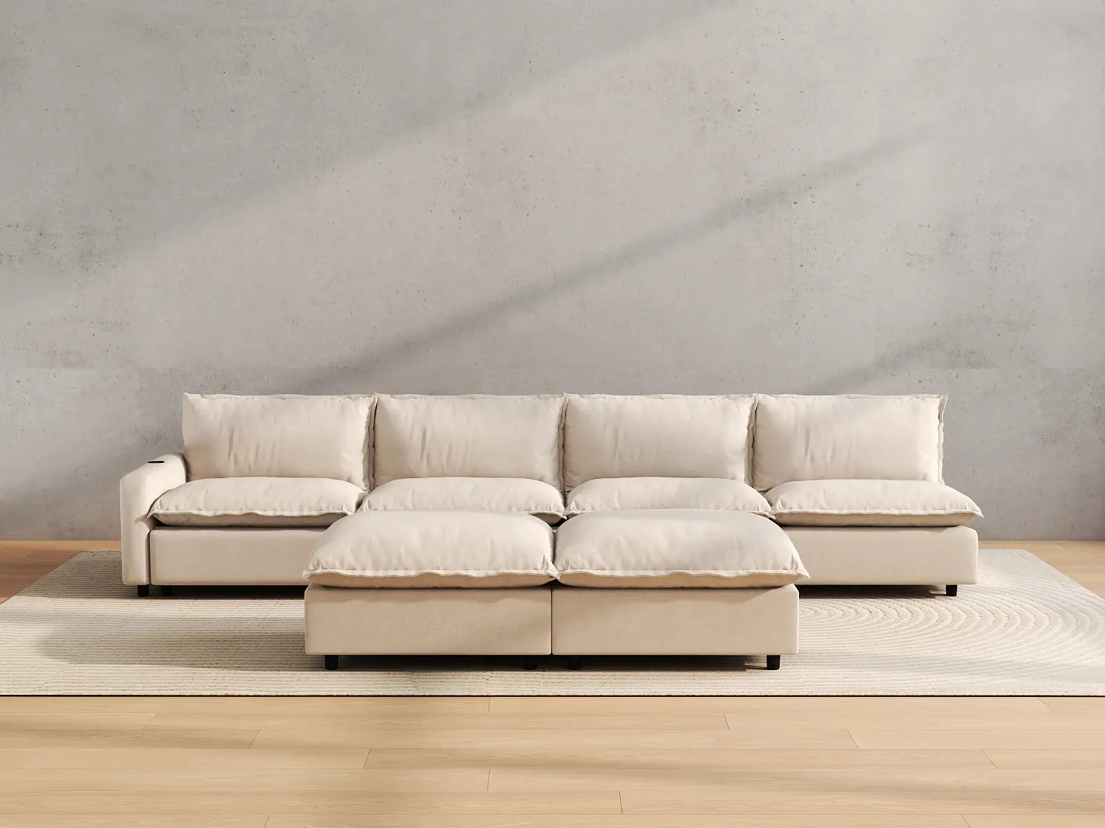Modular Cero Sofa Recliner Set | 6-Piece Beige Linen Large Space Sofa Sets 4-Seater with 2-Ottomans
