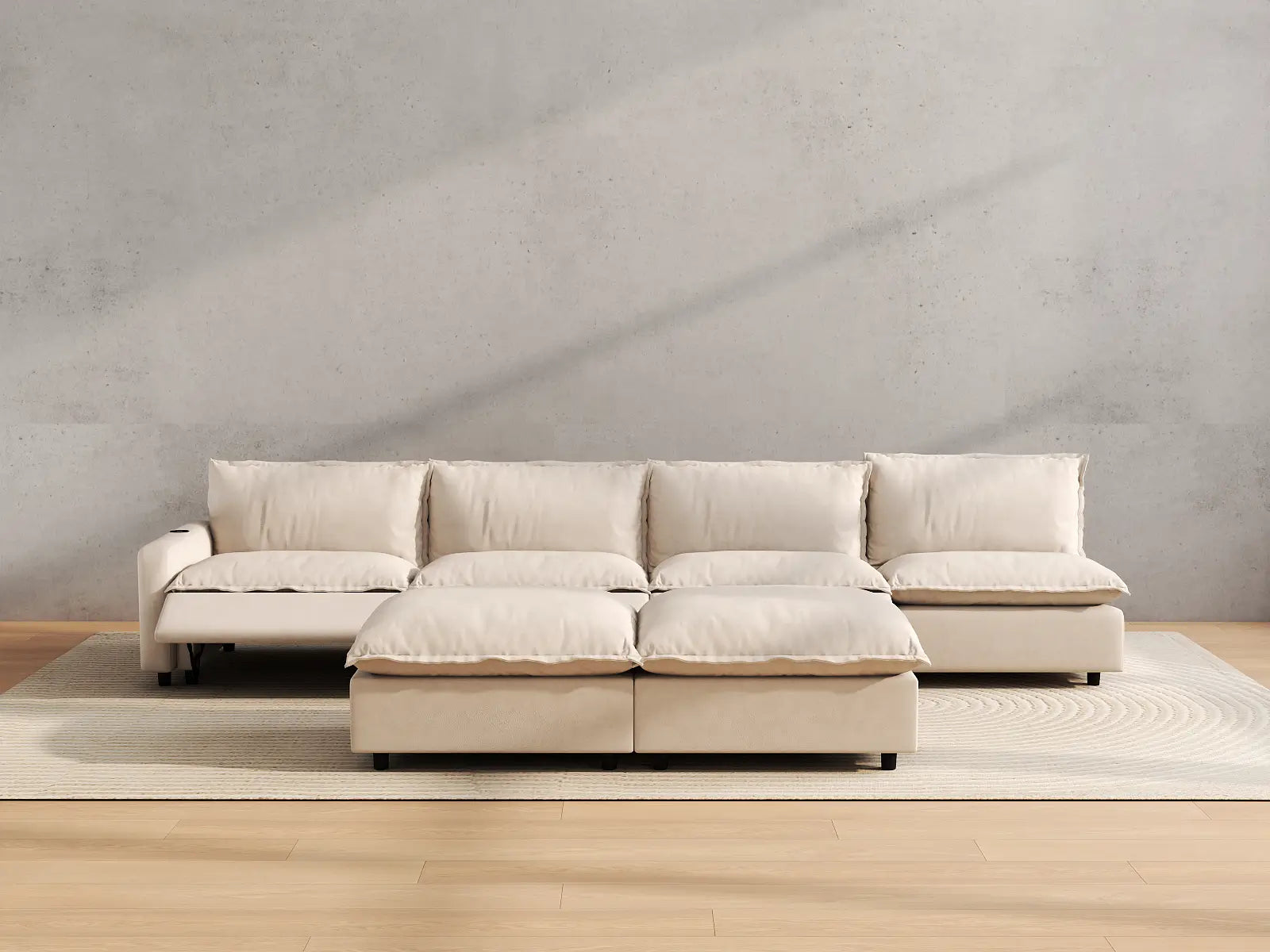 Modular Cero Sofa Recliner Set | 6-Piece Beige Linen Large Space Sofa Sets 4-Seater with 2-Ottomans