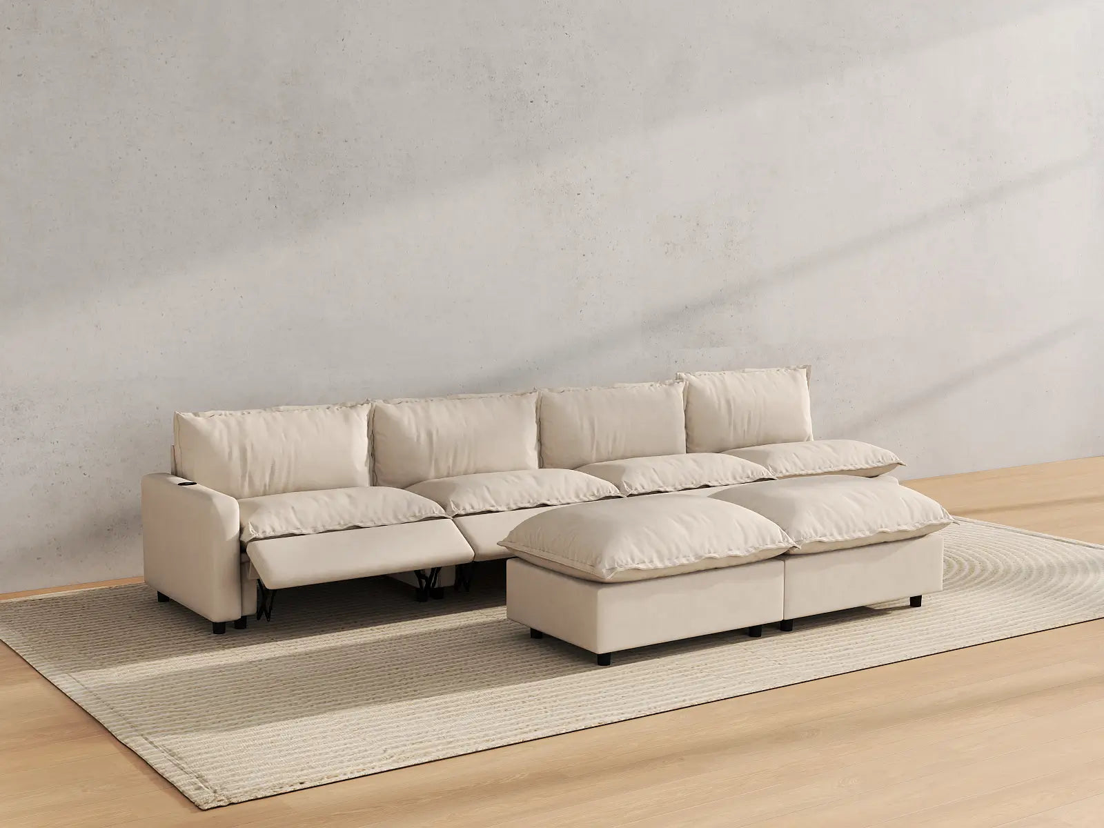 Modular Cero Sofa Recliner Set | 6-Piece Beige Linen Large Space Sofa Sets 4-Seater with 2-Ottomans