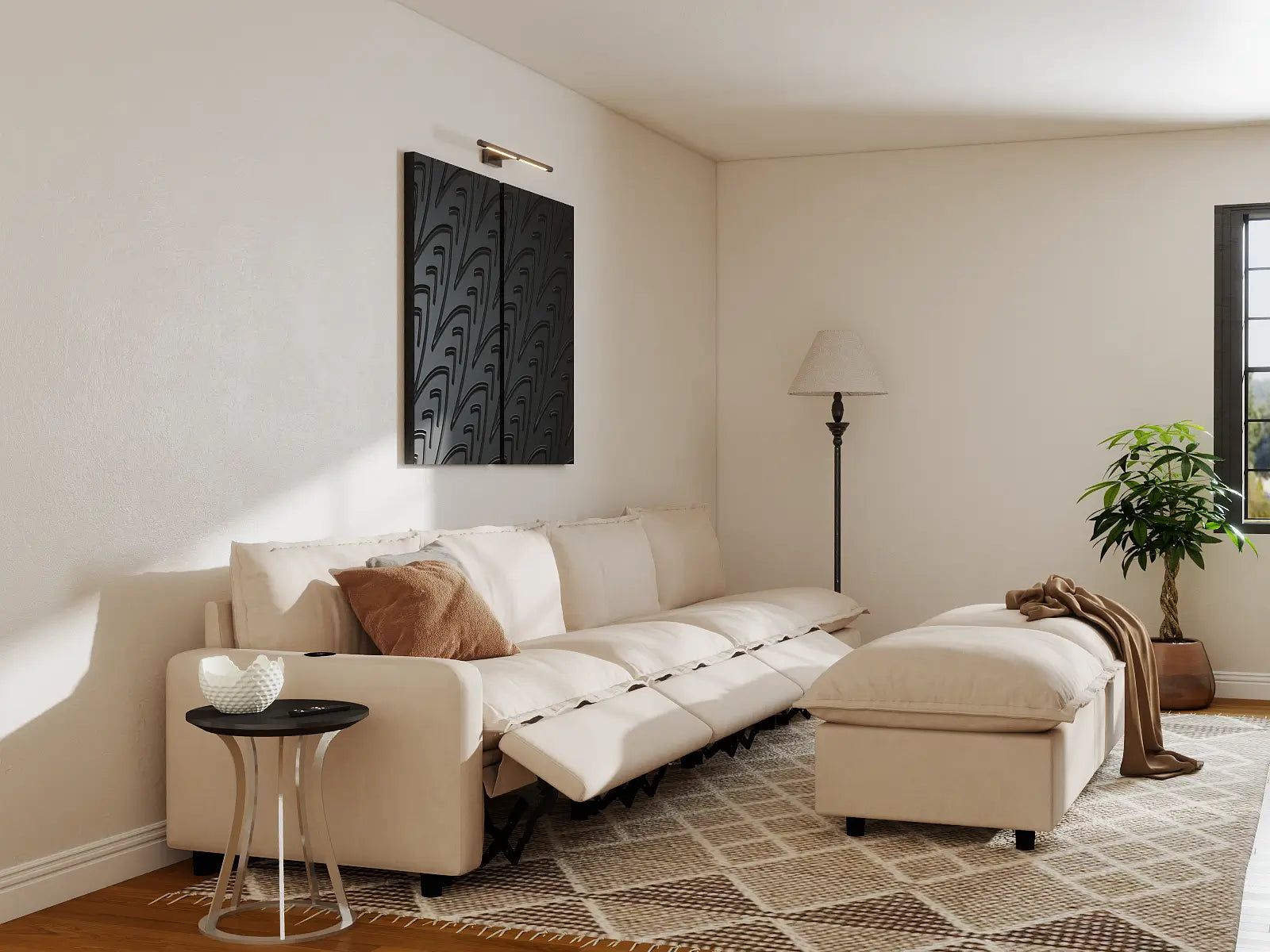 Modular Cero Sofa Recliner Set | 6-Piece Beige Linen Large Space Sofa Sets 4-Seater with 2-Ottomans