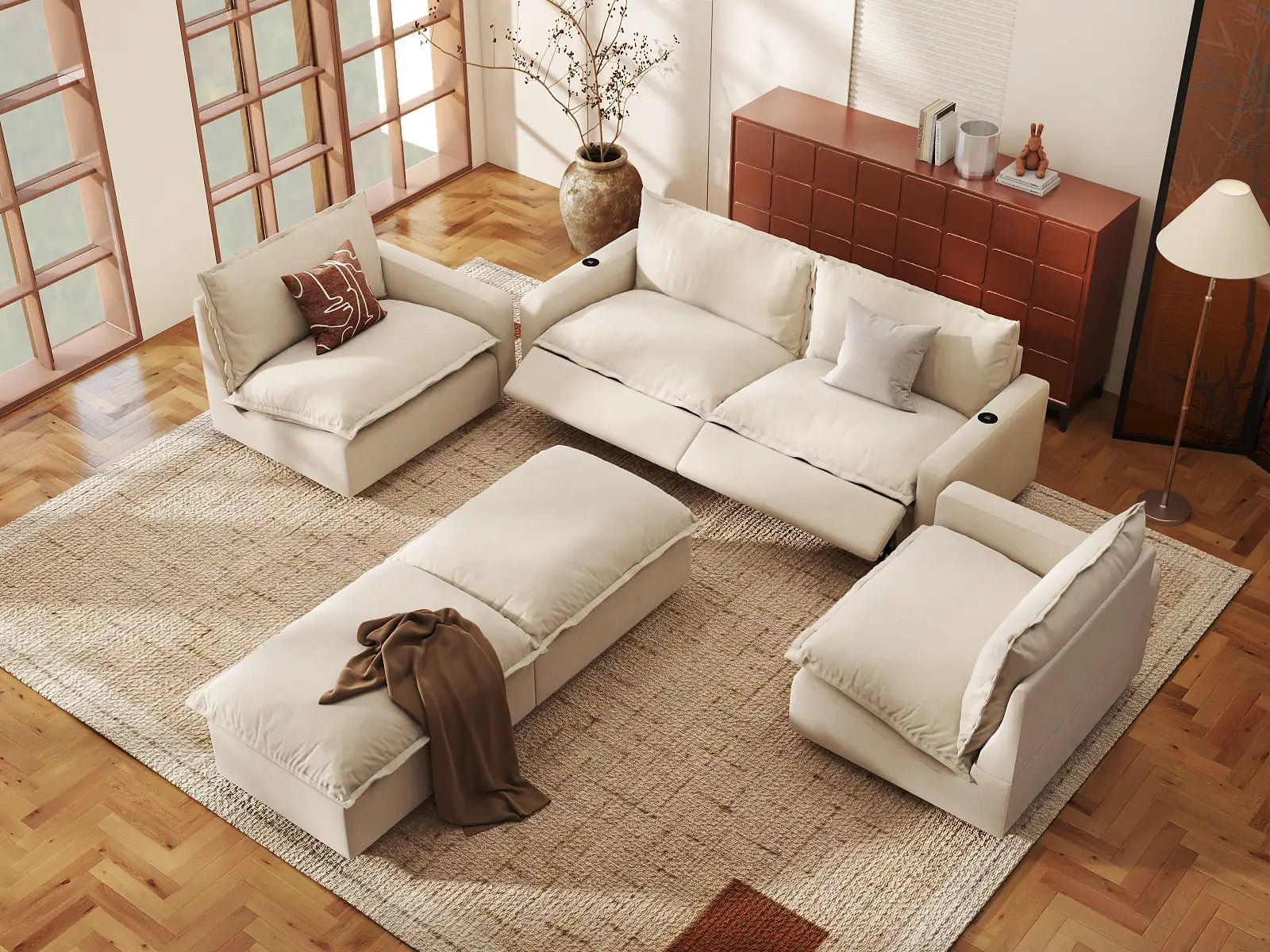 Modular Cero U Shaped Sectional with Recliner | 6-Piece Beige Linen Large Space U-Shaped Sectionals 4-Seater with 2-Ottomans