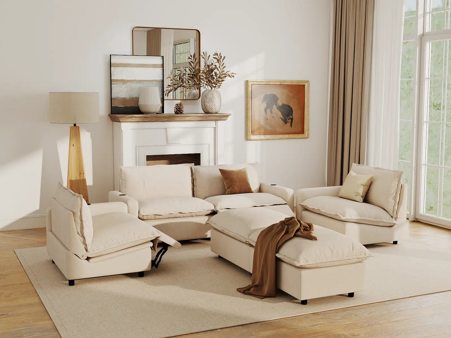 Modular Cero Reclining Sectionals | 6-Piece Beige Linen Large Space U-Shaped Sectionals 4-Seater with 2-Ottomans