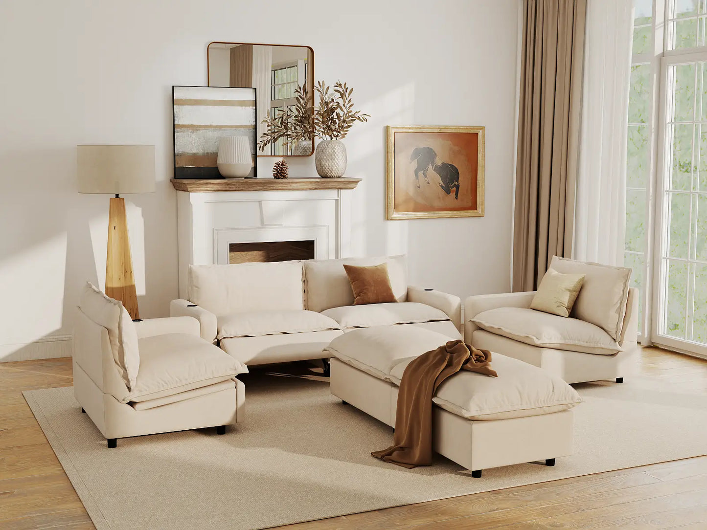 Modular Cero Reclining Sectionals | 6-Piece Beige Linen Large Space U-Shaped Sectionals 4-Seater with 2-Ottomans