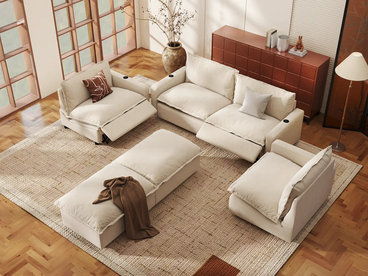 Modular Cero Reclining Sectionals | 6-Piece Beige Linen Large Space U-Shaped Sectionals 4-Seater with 2-Ottomans